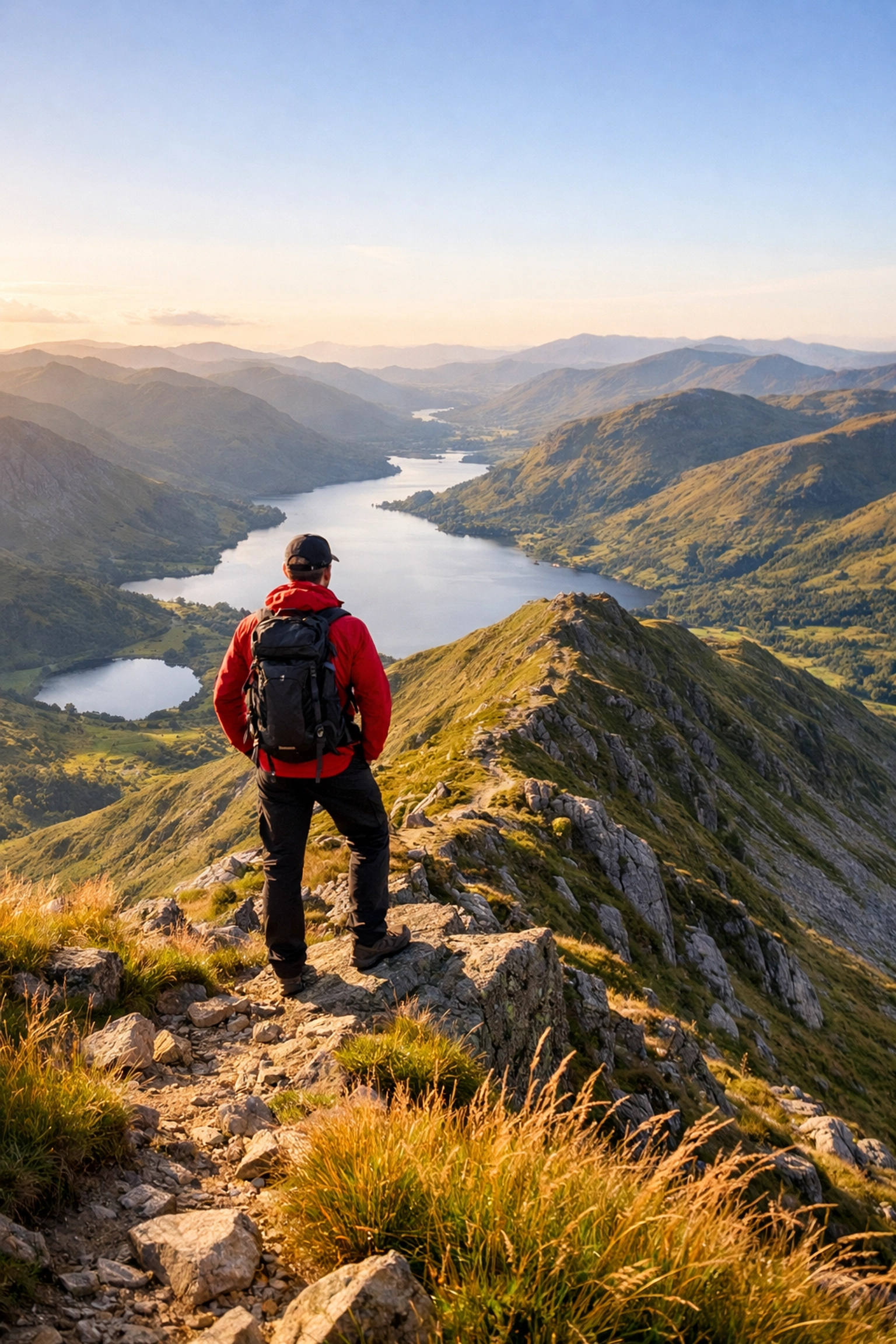 A hiker enjoying views of peaks and silver lakes after a guided mountain ascent in the Lake District.