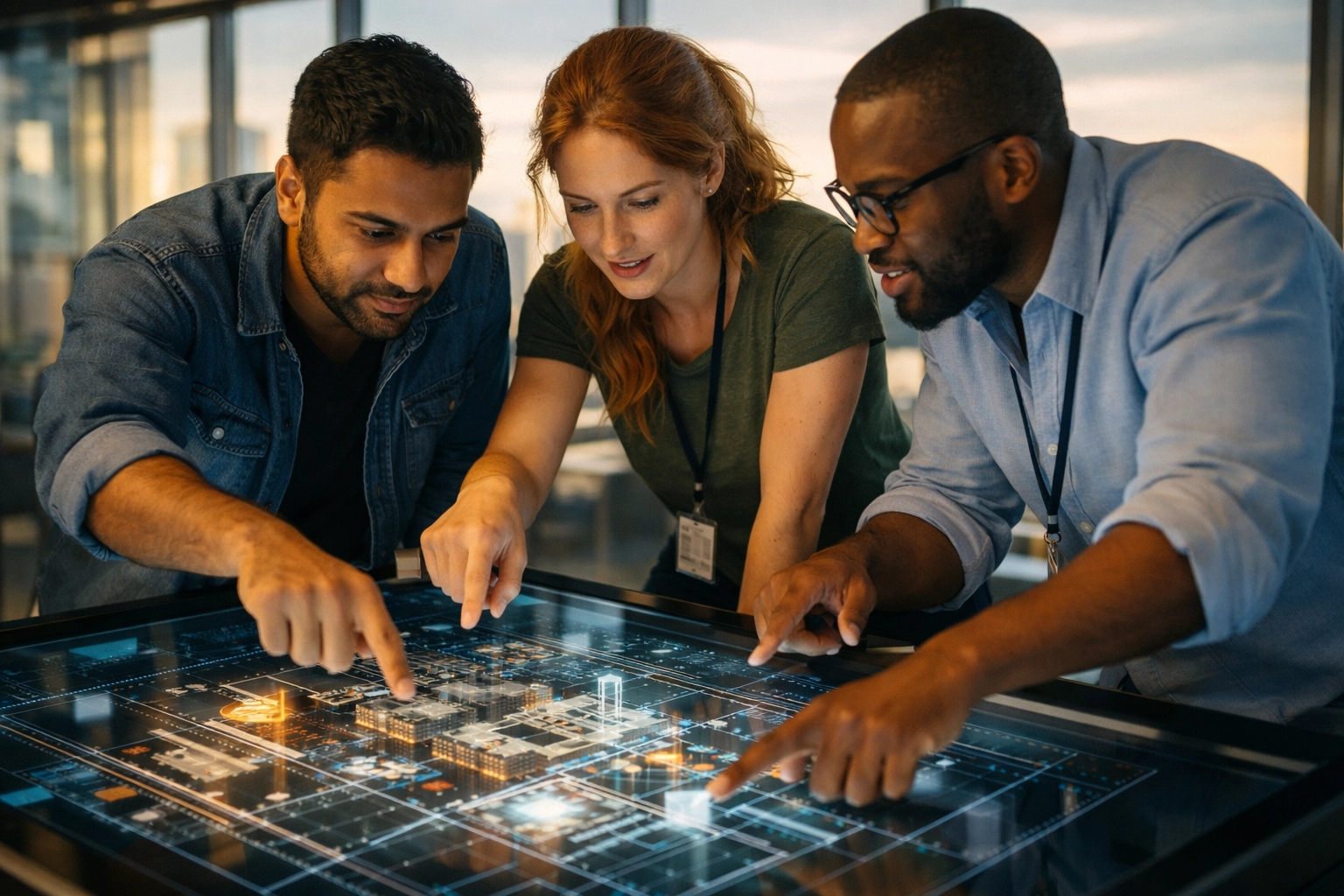 IT professionals using ServiceNow consulting services to analyze ITOM data on a digital display.