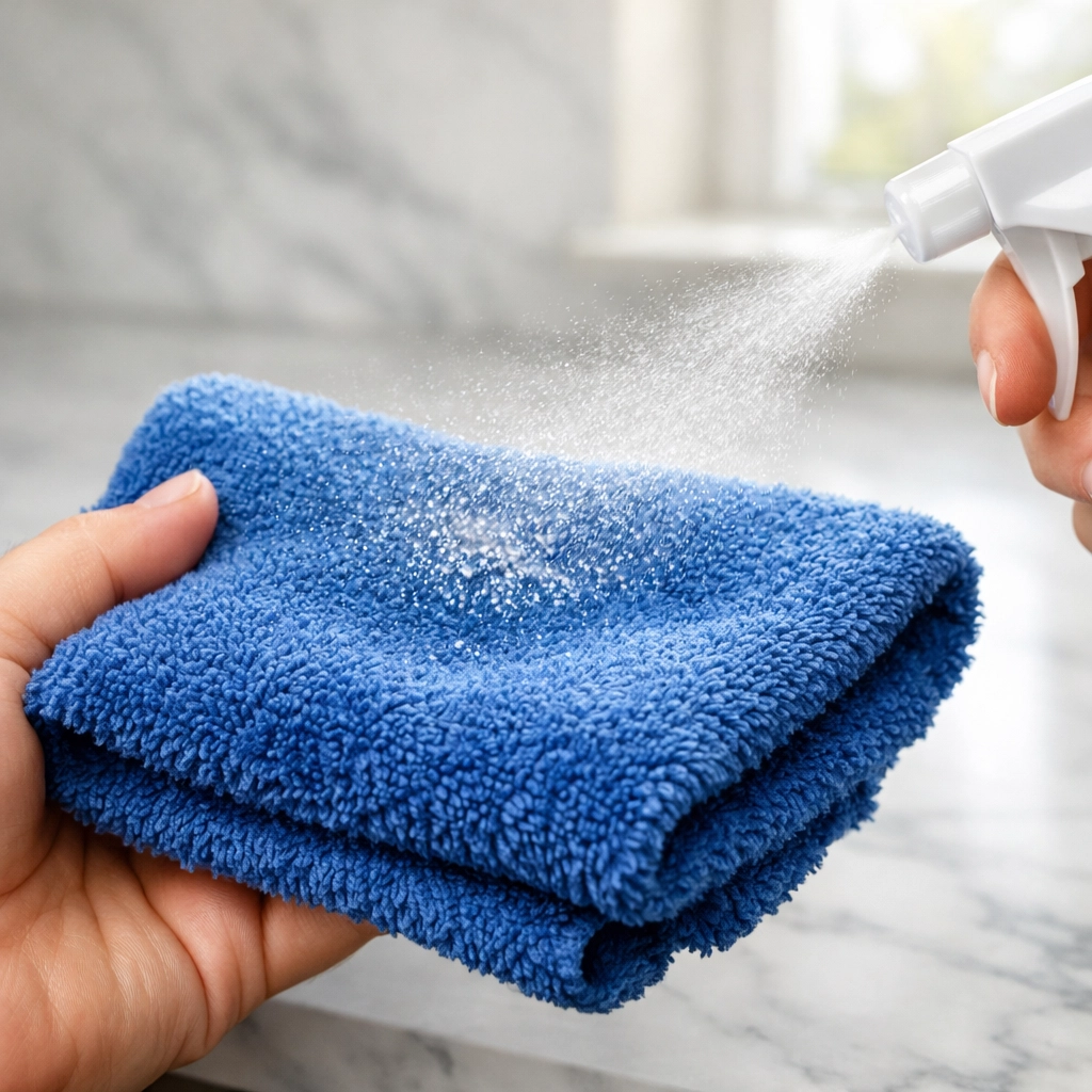 Professional cleaner spraying eco-friendly solution onto a microfiber cloth to protect home surfaces in Reading.