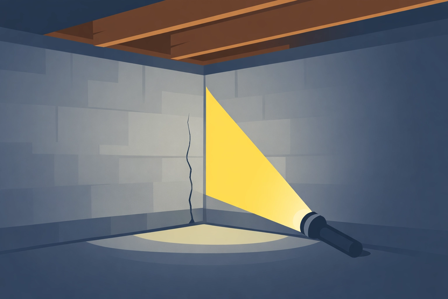 Basement foundation wall inspection with flashlight checking for cracks and moisture