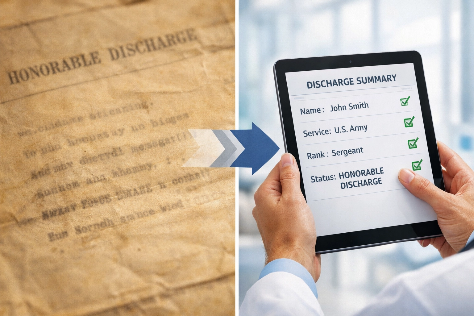 Before and after comparison of faded DD214 documents versus automated digital verification on tablet