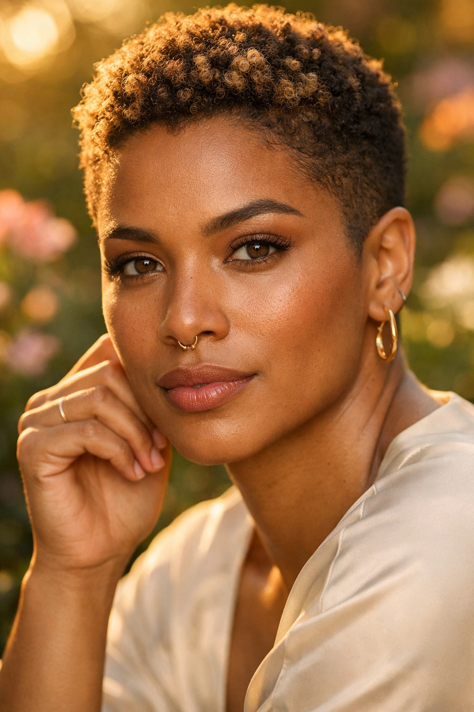 Natural portrait edit featuring enhanced skin texture and studio lighting effects with Portrait AI.