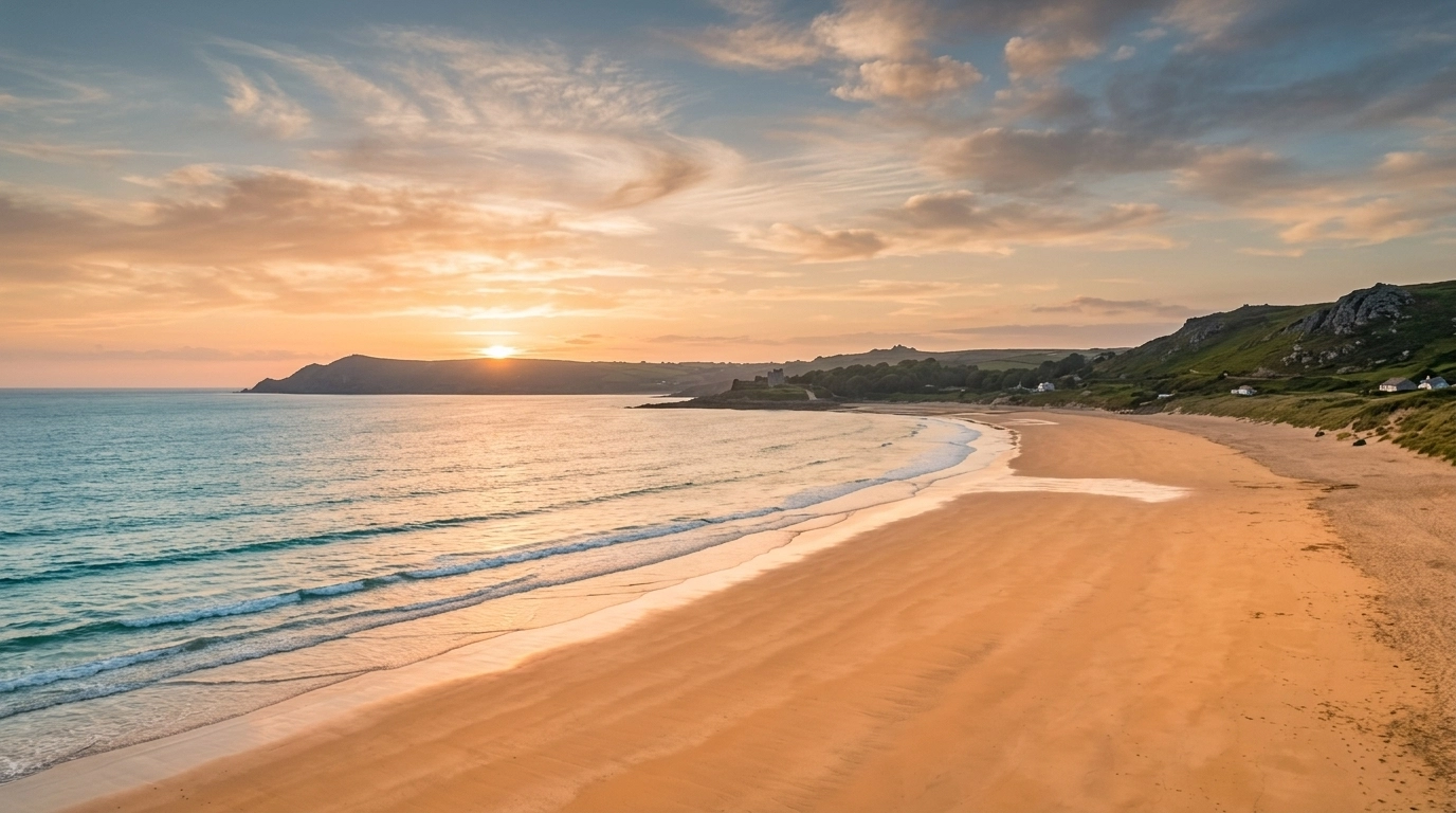 A panoramic hero shot of Praa Sands beach in Cornwall at sunset. The 'Golden Mile' of sand is glowing, with gentle turquoise waves lapping the shore.