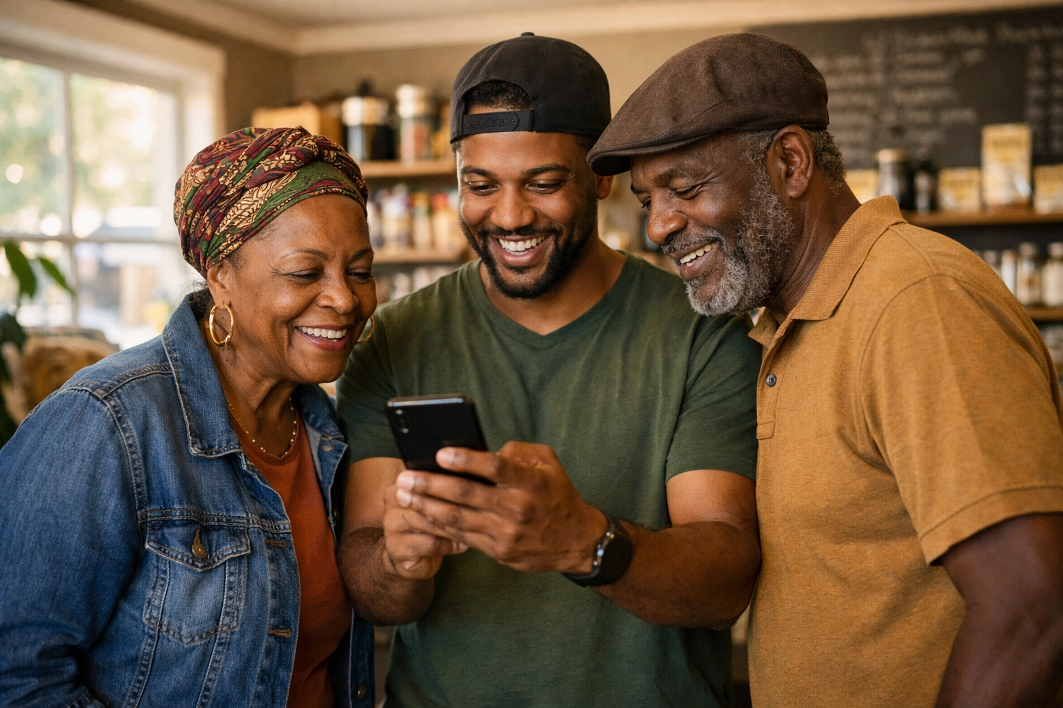 Black customers engaged together inside local business showing community loyalty and connection