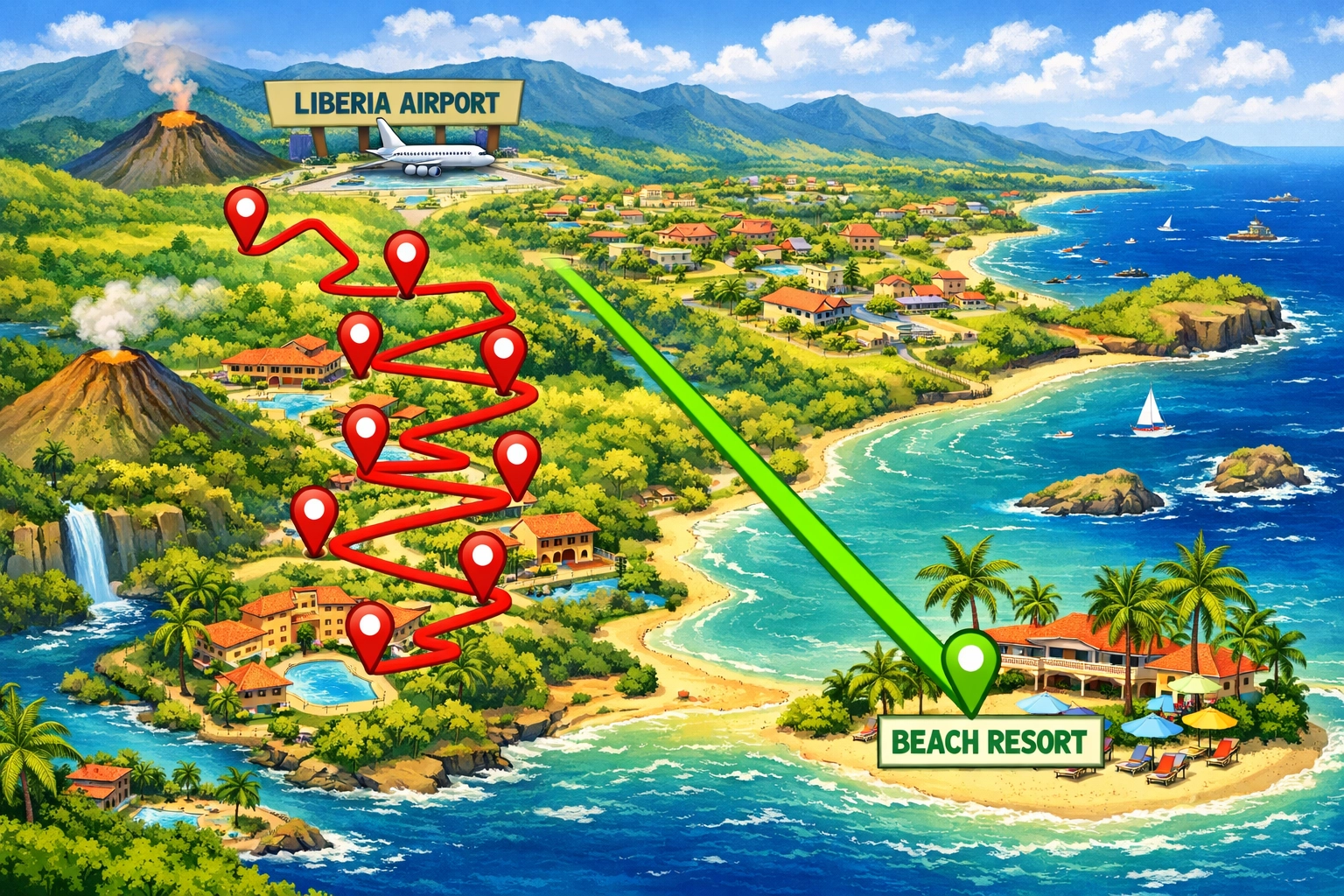 Direct shuttle route vs multiple-stop shared shuttle from Liberia airport to beach destinations