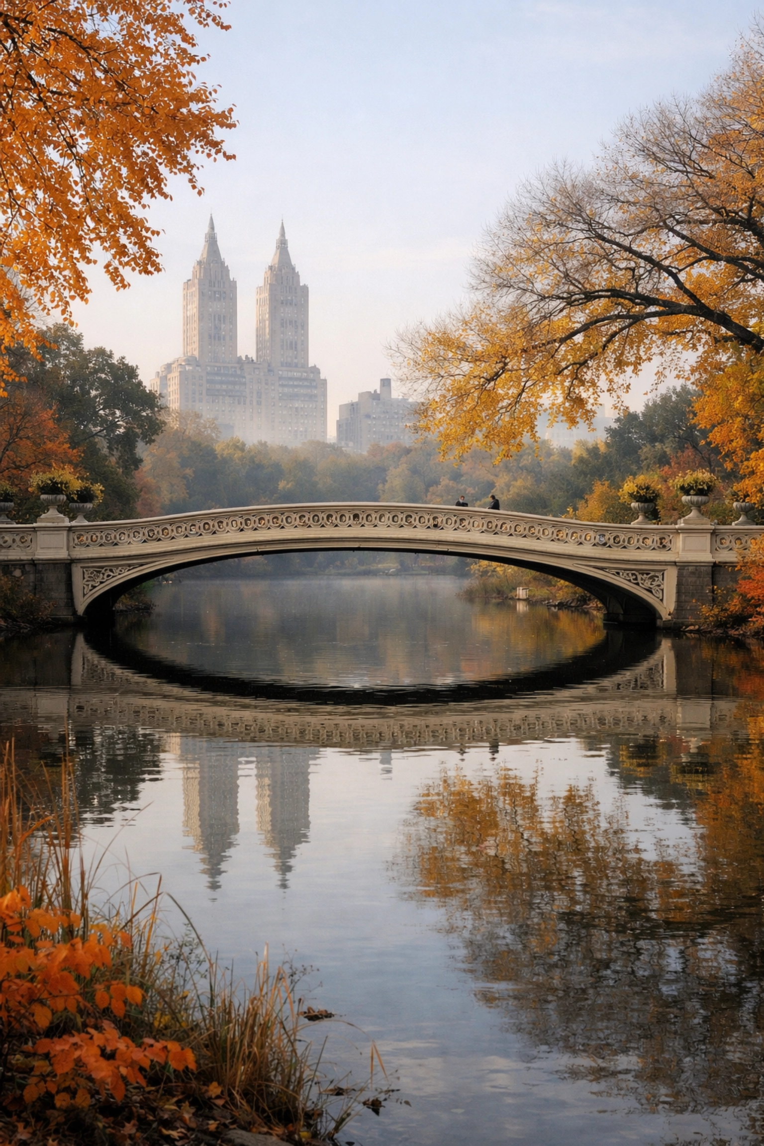 Bow Bridge in Central Park, one of the best New York City photography locations, during a scenic autumn morning.