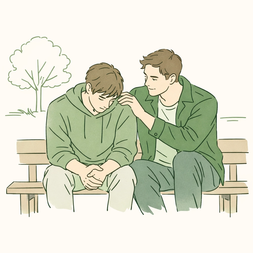 Two men sharing a supportive moment on a bench, illustrating internal struggles in bisexual romance.