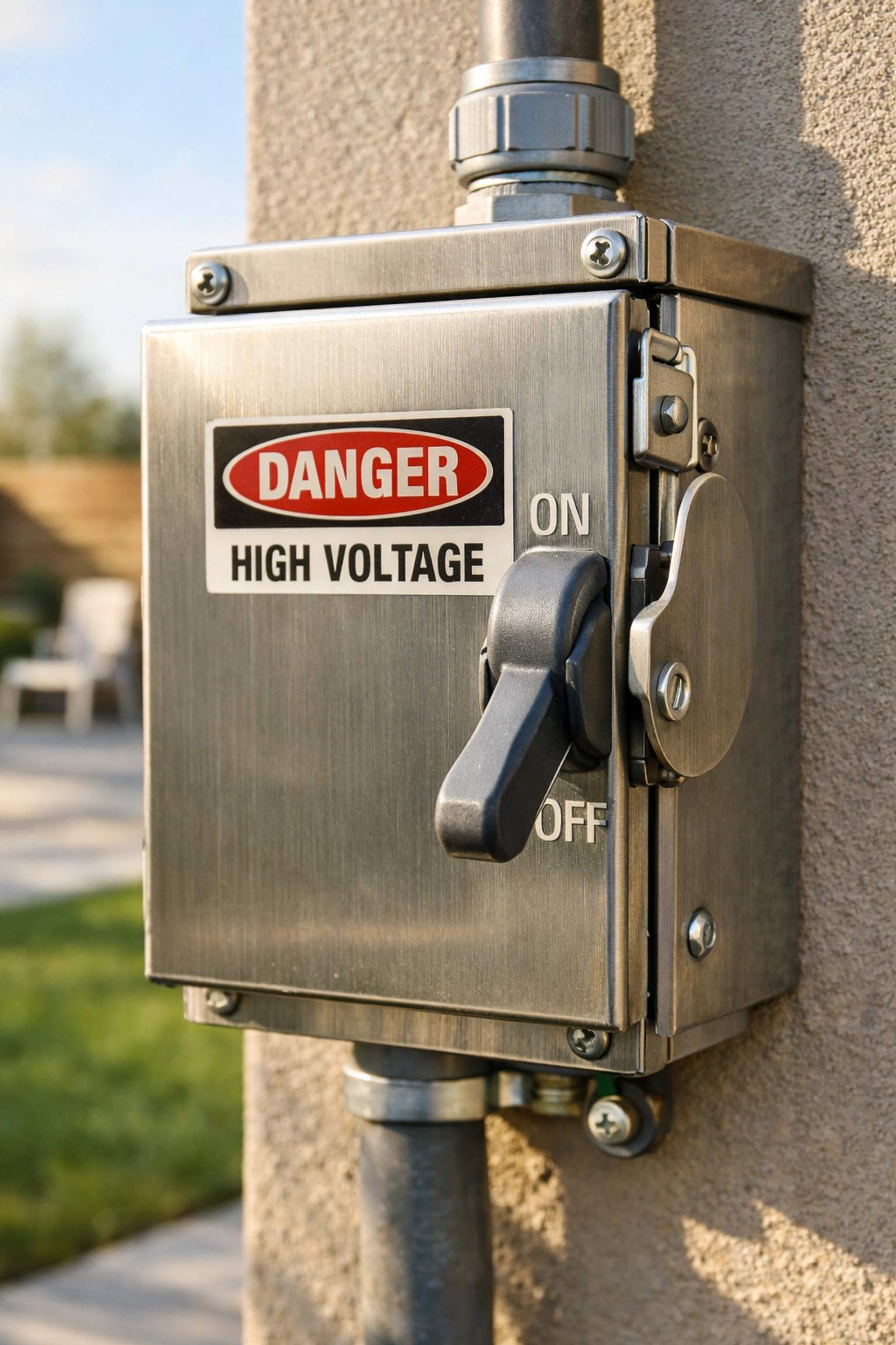 Professional metal electrical disconnect box for a mini-split heat pump system installed on an exterior wall.
