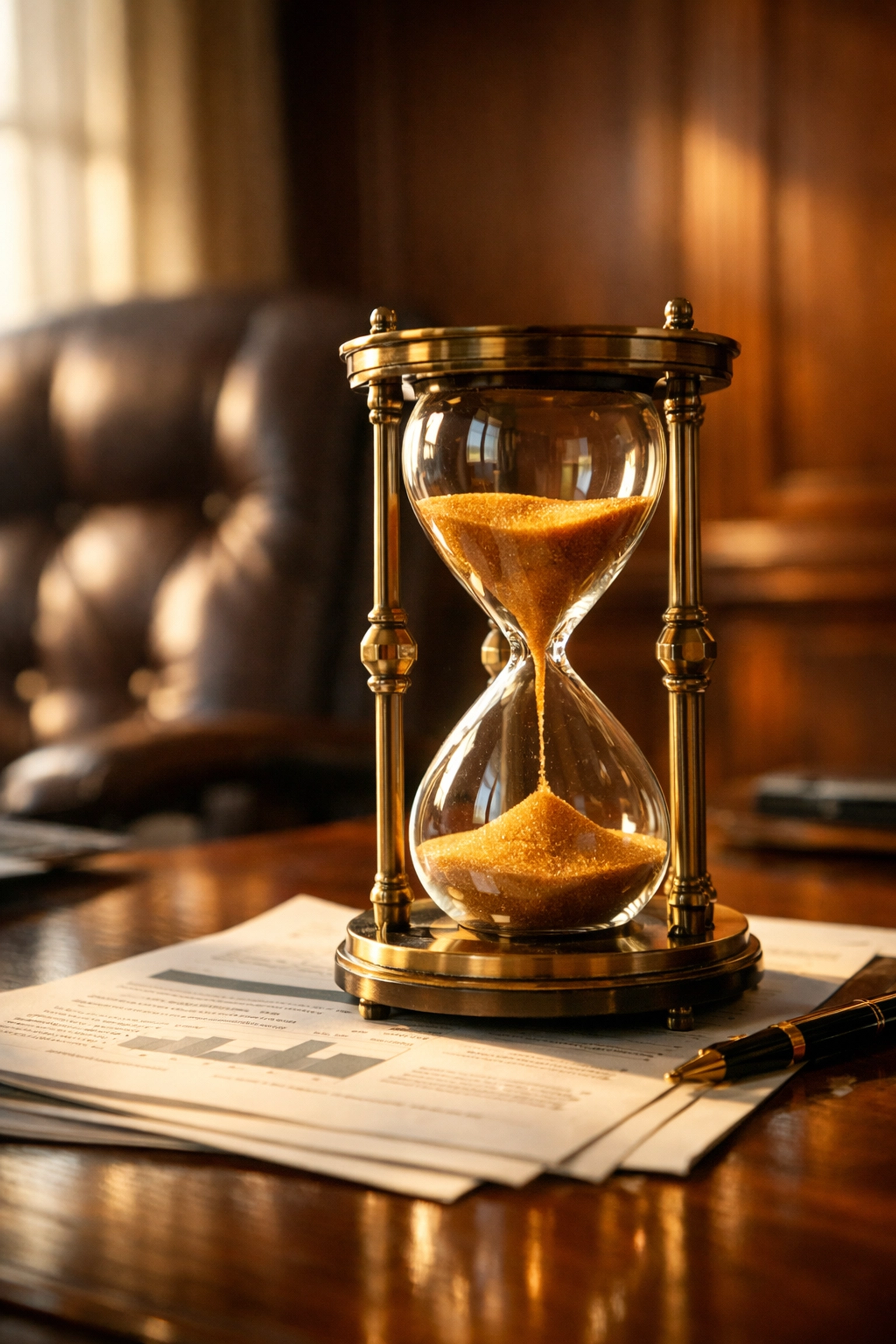 Hourglass on desk representing S-Corp tax filing deadline approaching March 16th