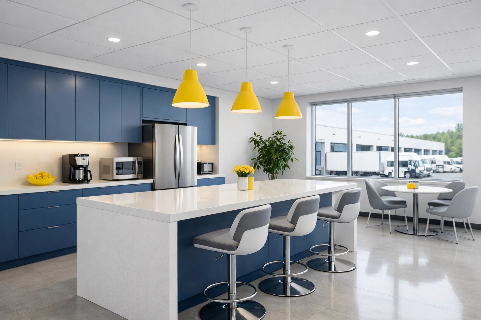 Clean and sanitized modern employee breakroom in a logistics facility maintained by The Cleaning Ninjas.