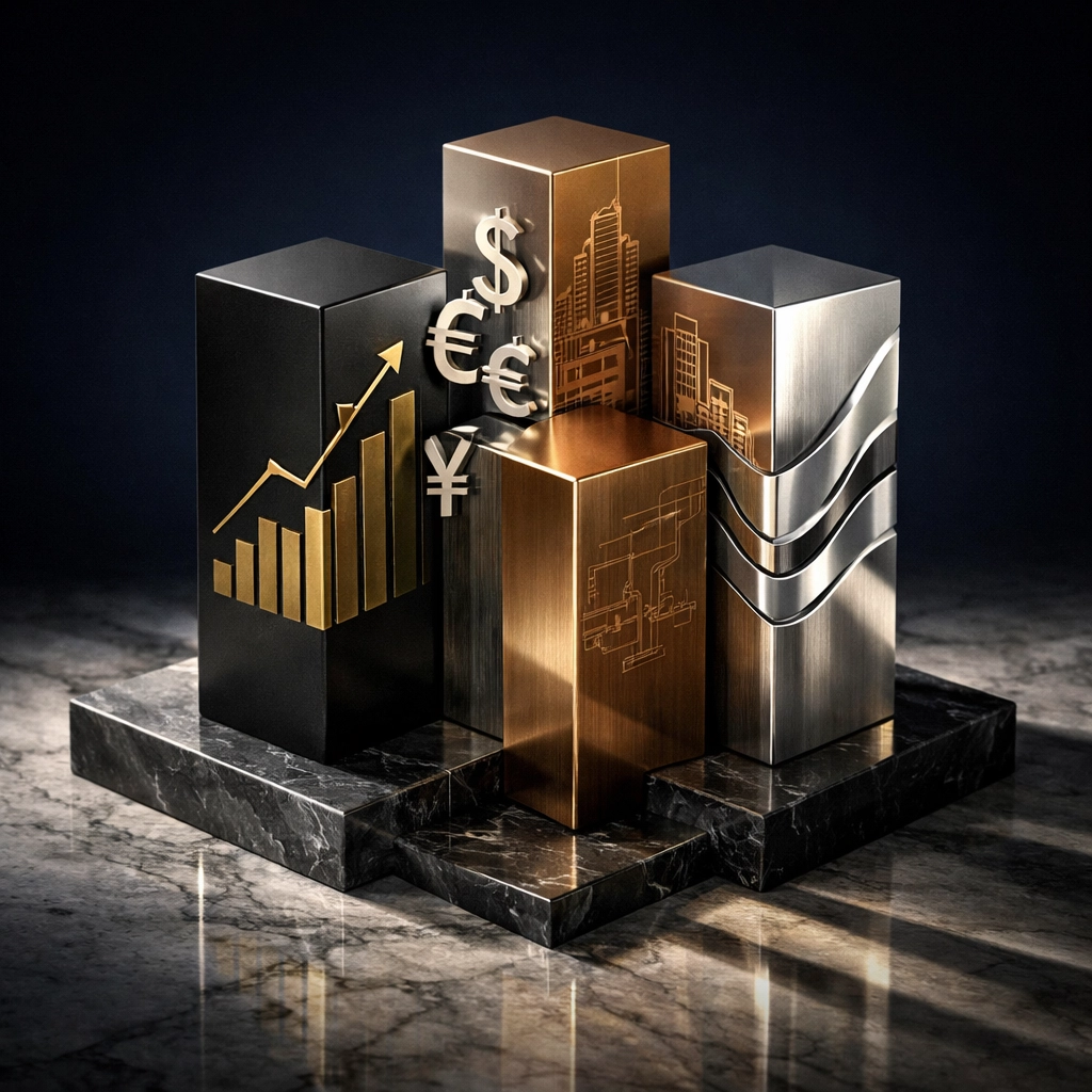 Four pillars representing core alternative investment asset classes for institutional portfolios