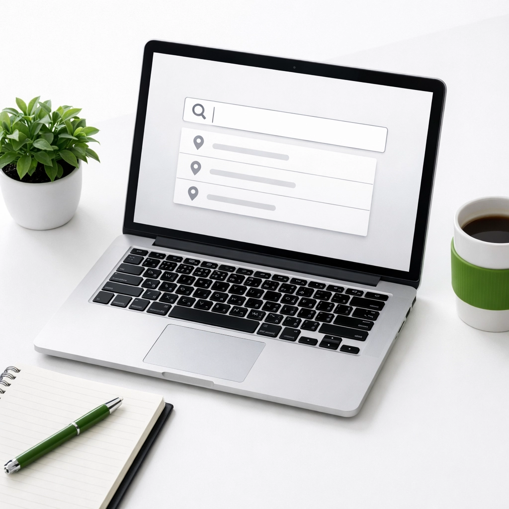 Conducting local keyword research on a laptop to optimize small business website design for local service areas.