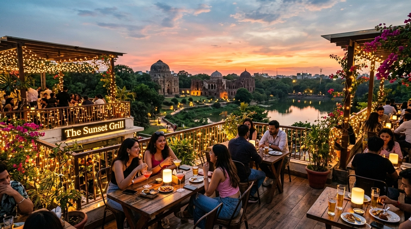 A beautiful sunset view of Hauz Khas Village with a rooftop cafe