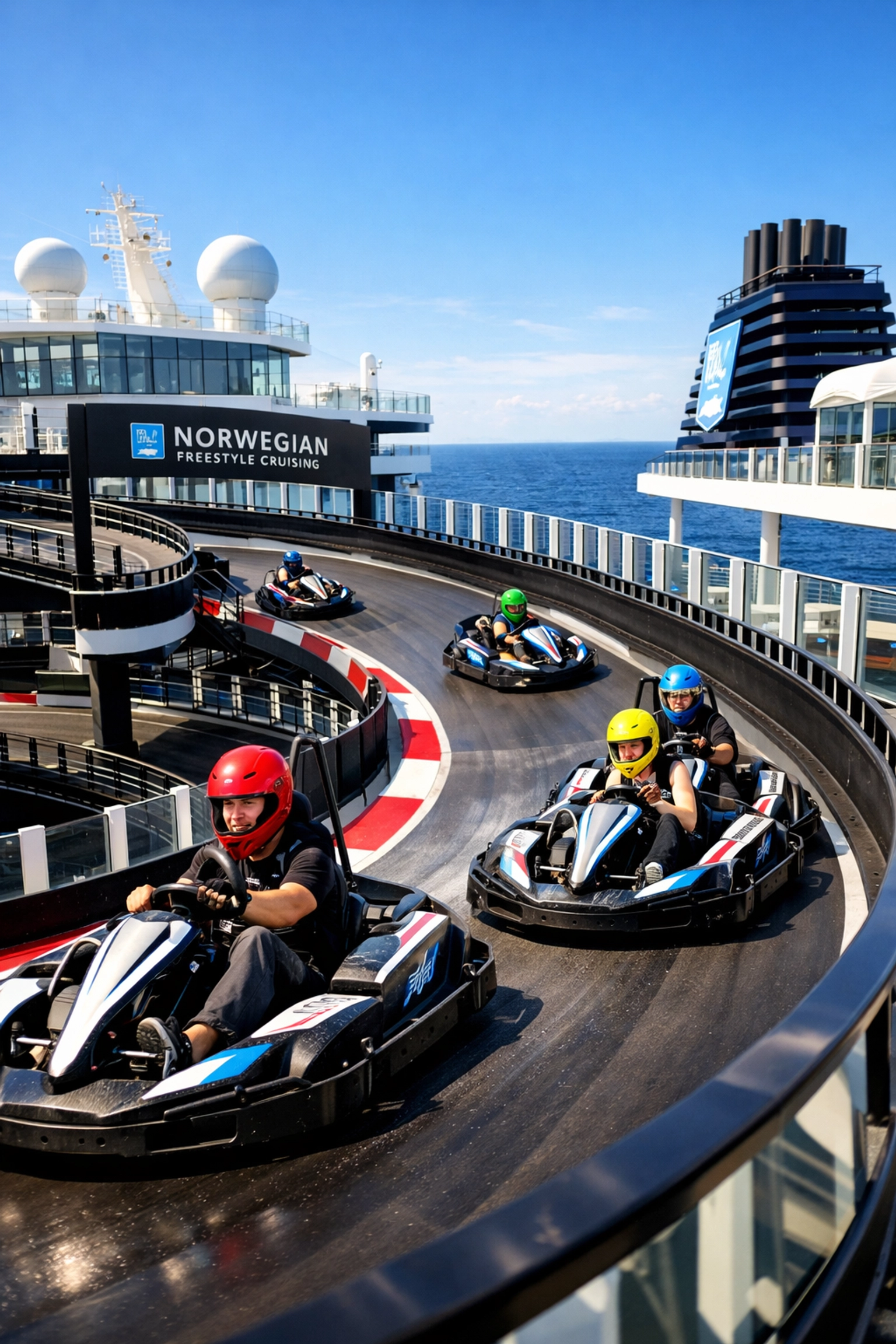 Friends race go-karts on the top deck of a modern Norwegian Cruise Line ship overlooking the ocean.