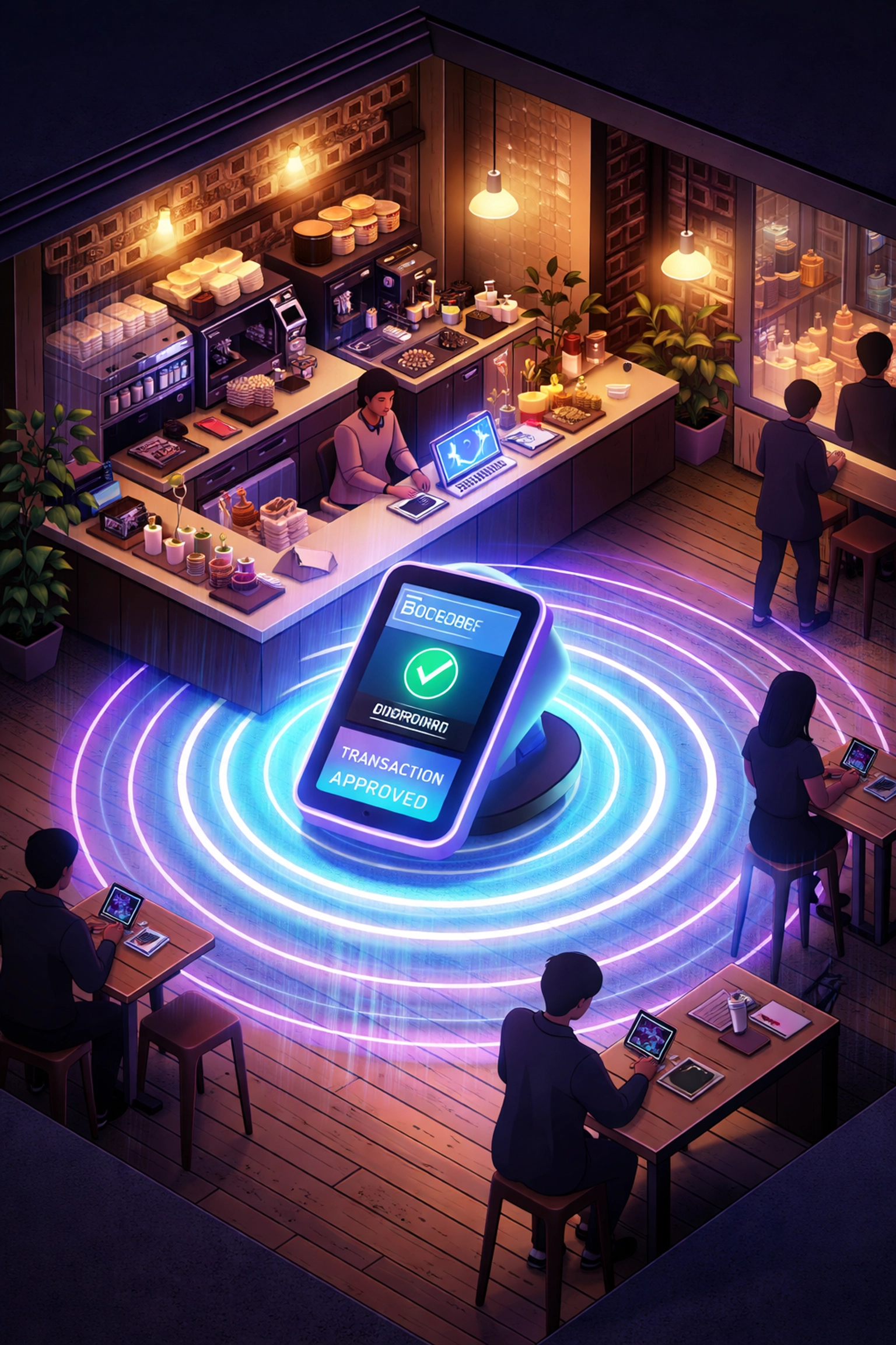 Small business coffee shop with modern crypto POS terminal processing instant Web3 payment transactions