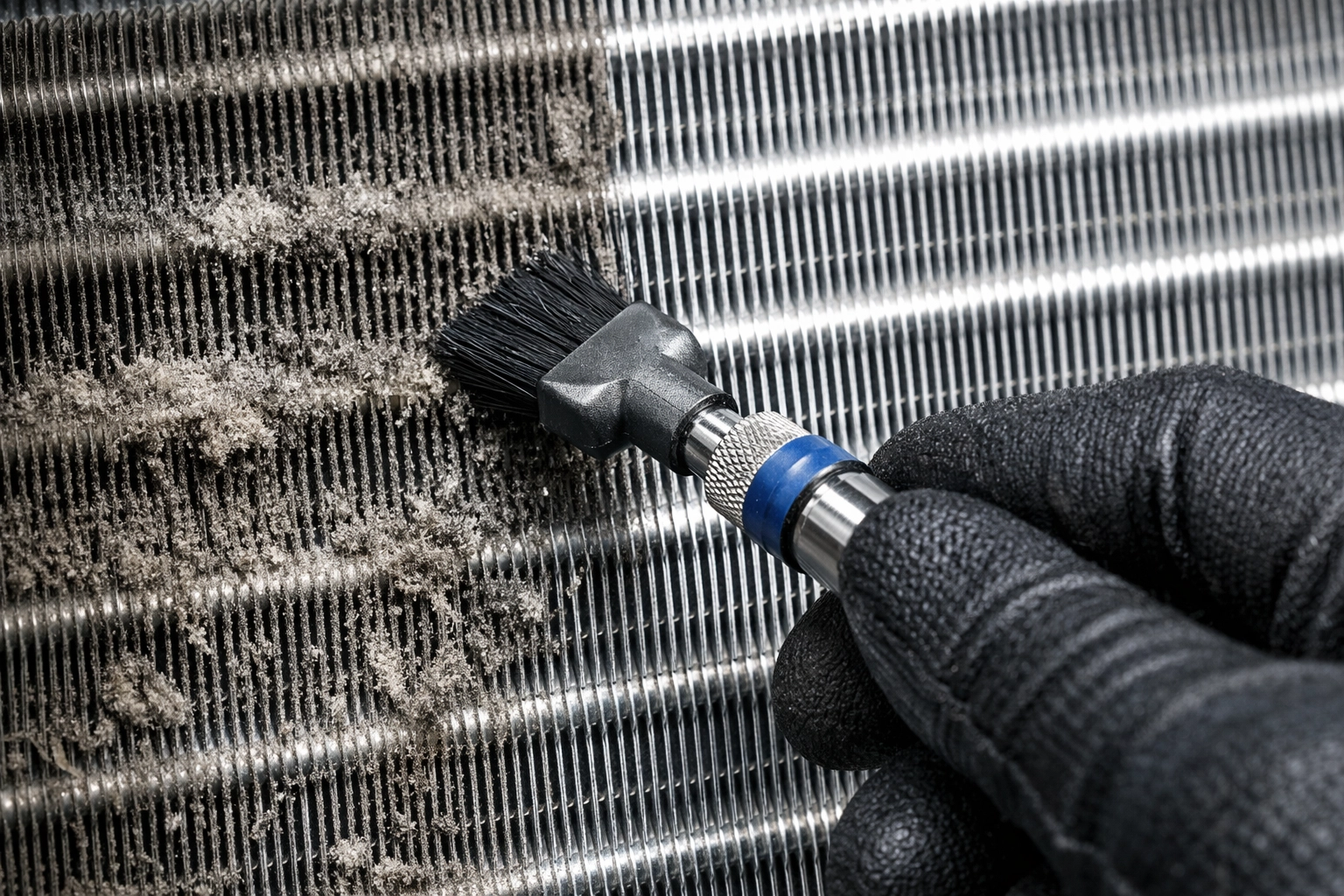 HVAC technician cleaning AC evaporator coils to improve cooling efficiency and prevent breakdowns.