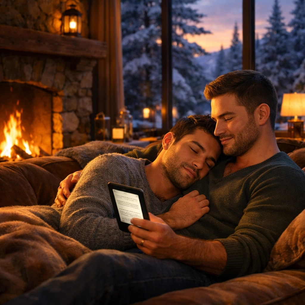 A gay couple cuddling by a fireplace in a snowy cabin while reading an MM romance ebook.
