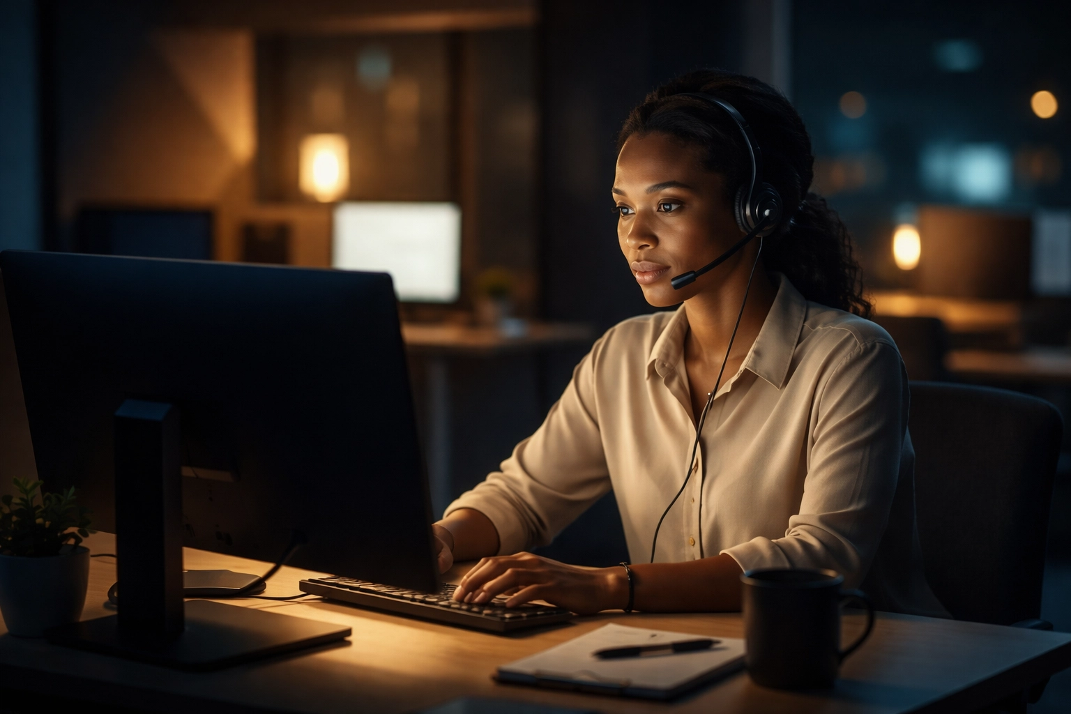 Night shift call center specialist offering empathetic crisis intake support during late hours