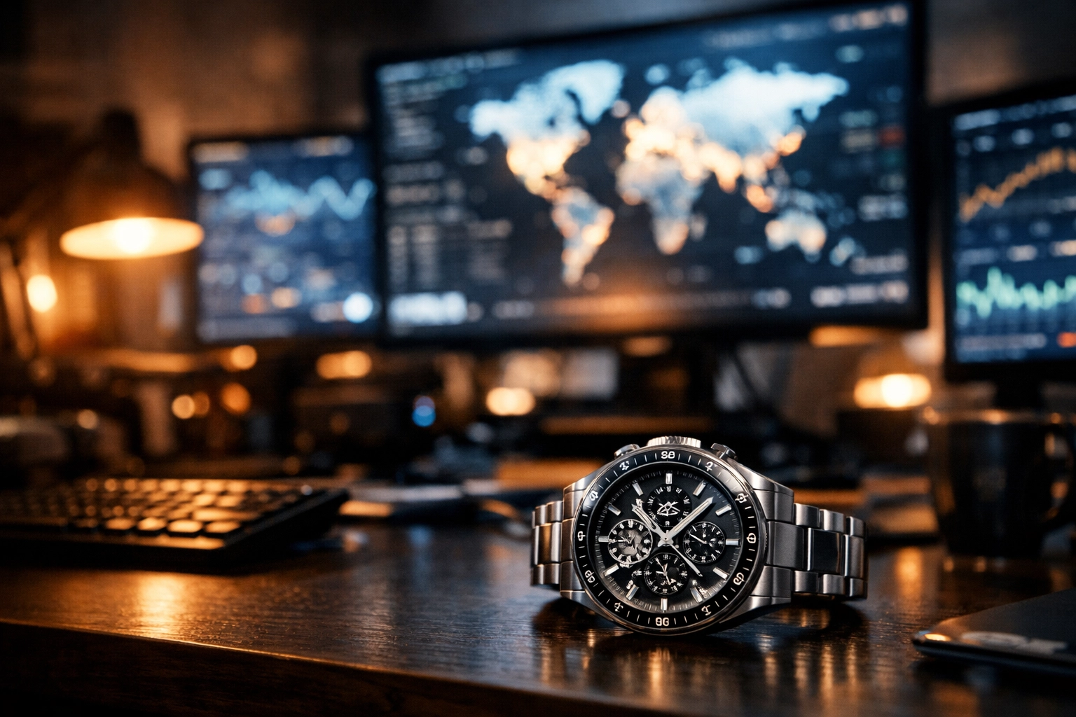 High-tech monitors showing data maps for international asset tracing and fraud detection.