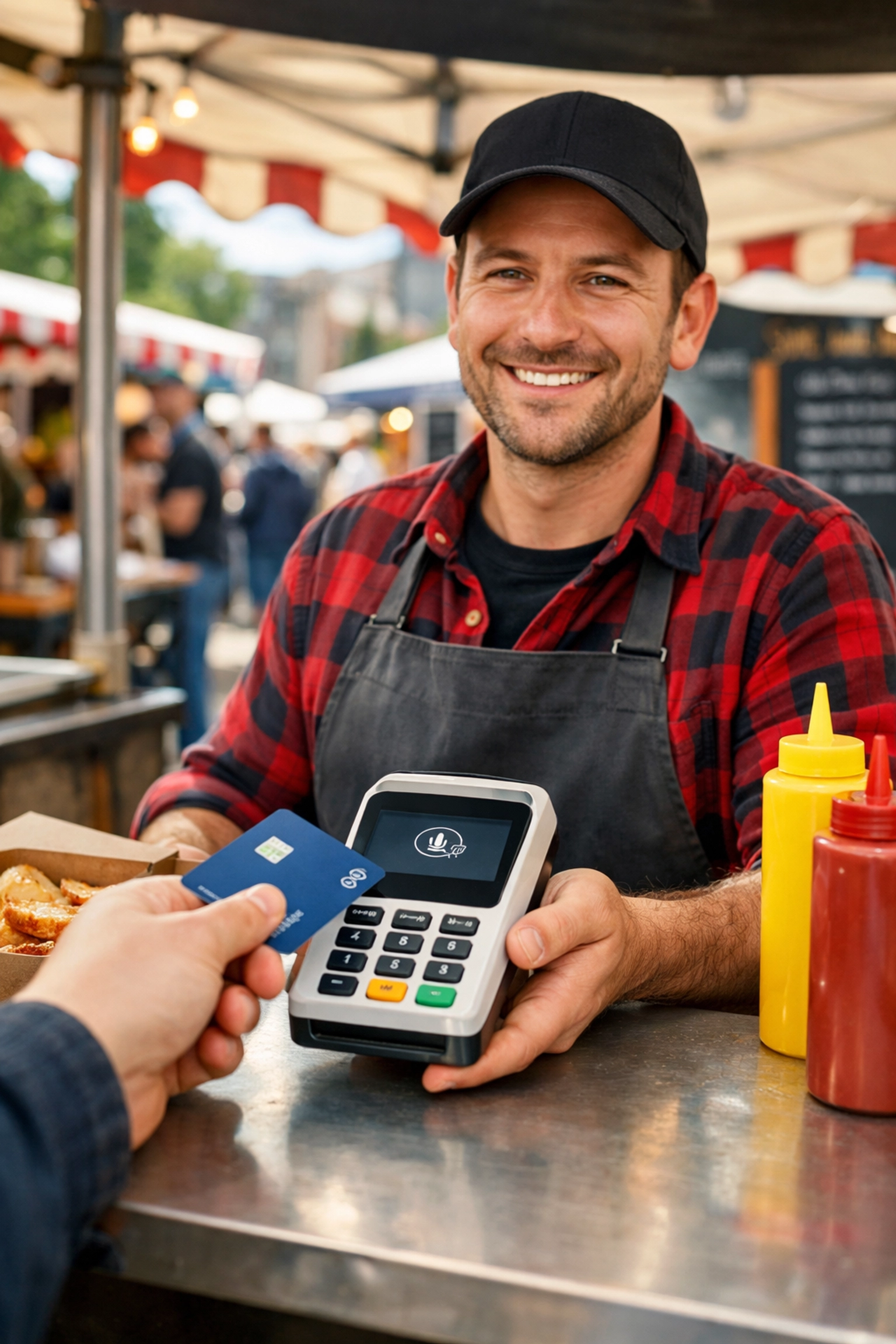 Mobile food vendor using SumUp POS card reader for contactless payment at UK market