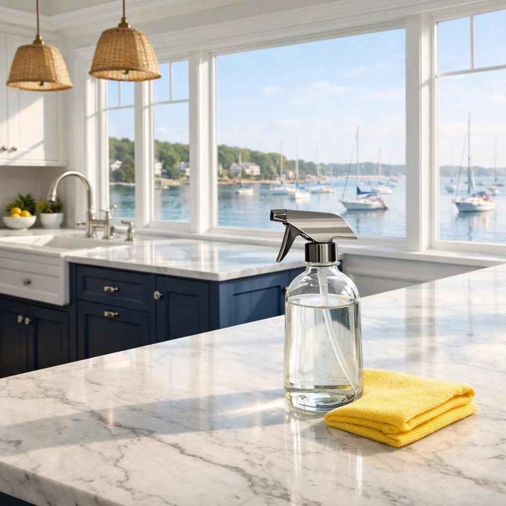 Eco-friendly Marblehead Harbor home cleaning in a luxury coastal kitchen with white marble countertops.