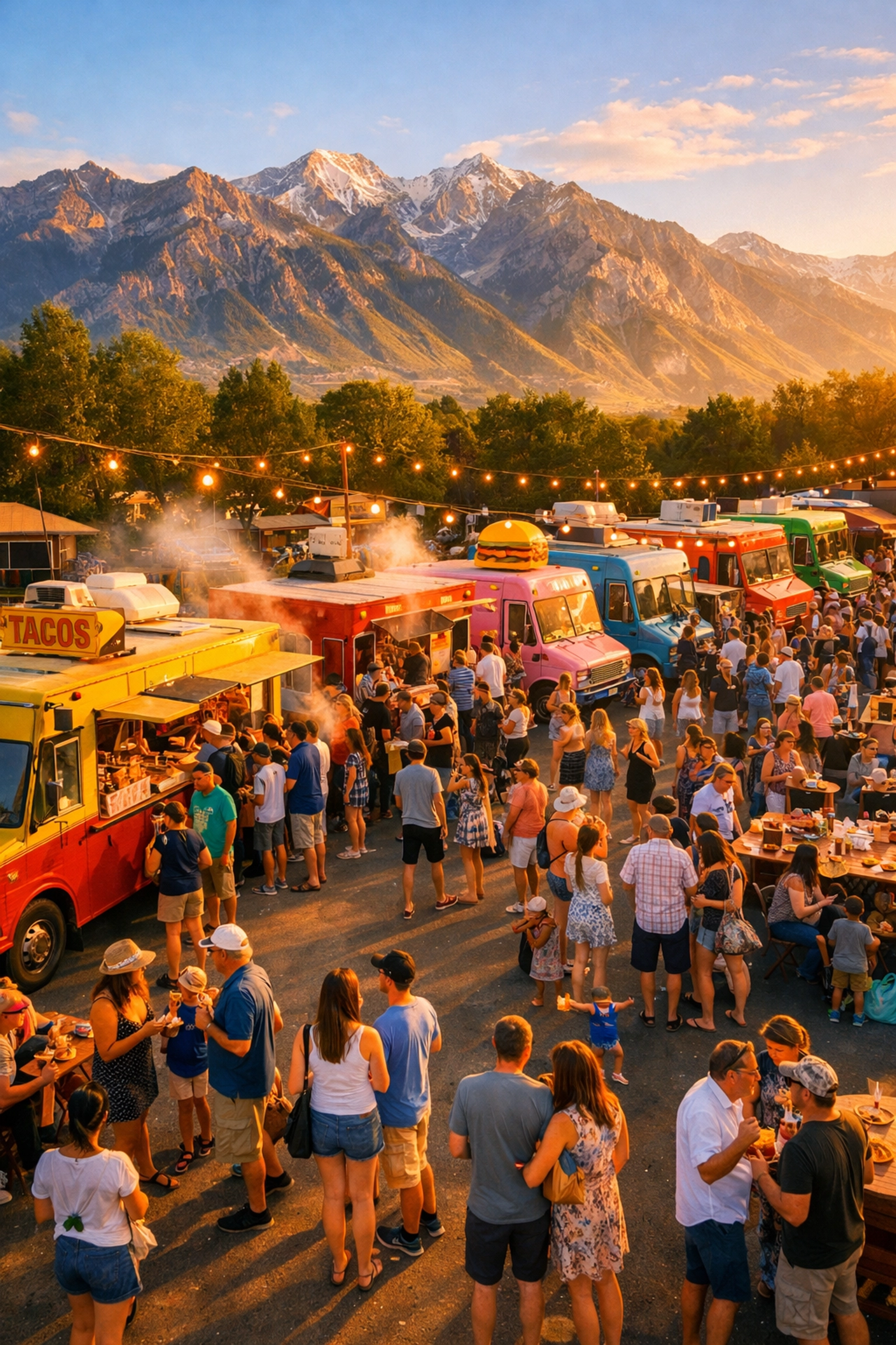 Food trucks at Utah summer festival with mountain views and crowds
