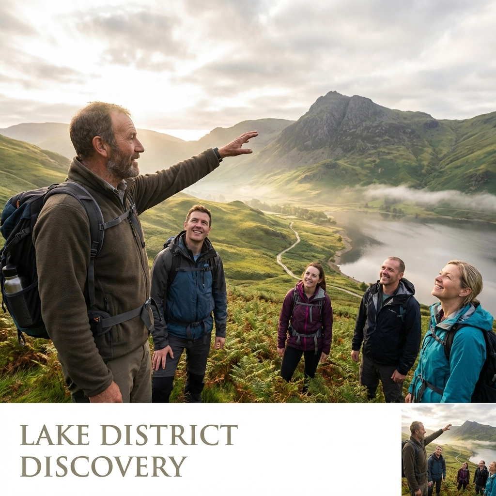 Guided hiking tour in the Lake District with a local expert sharing knowledge on a scenic hillside.