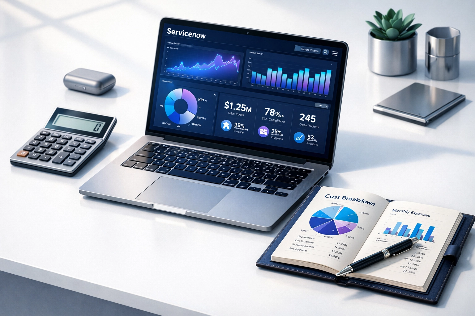 ServiceNow consulting pricing analysis with dashboard analytics and cost breakdown charts