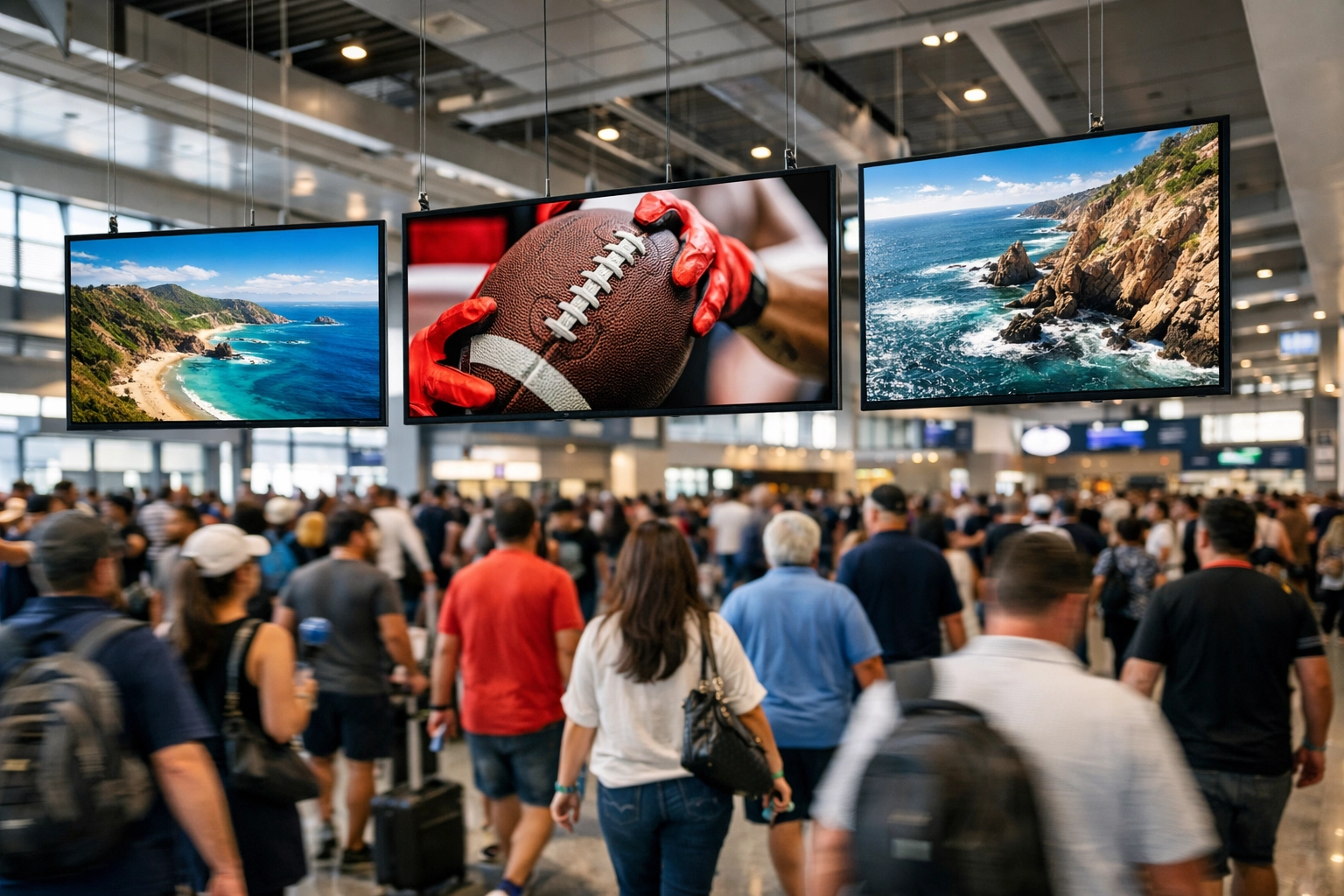 Large digital signage displays in a high-traffic airport terminal showing dynamic media marketing content.
