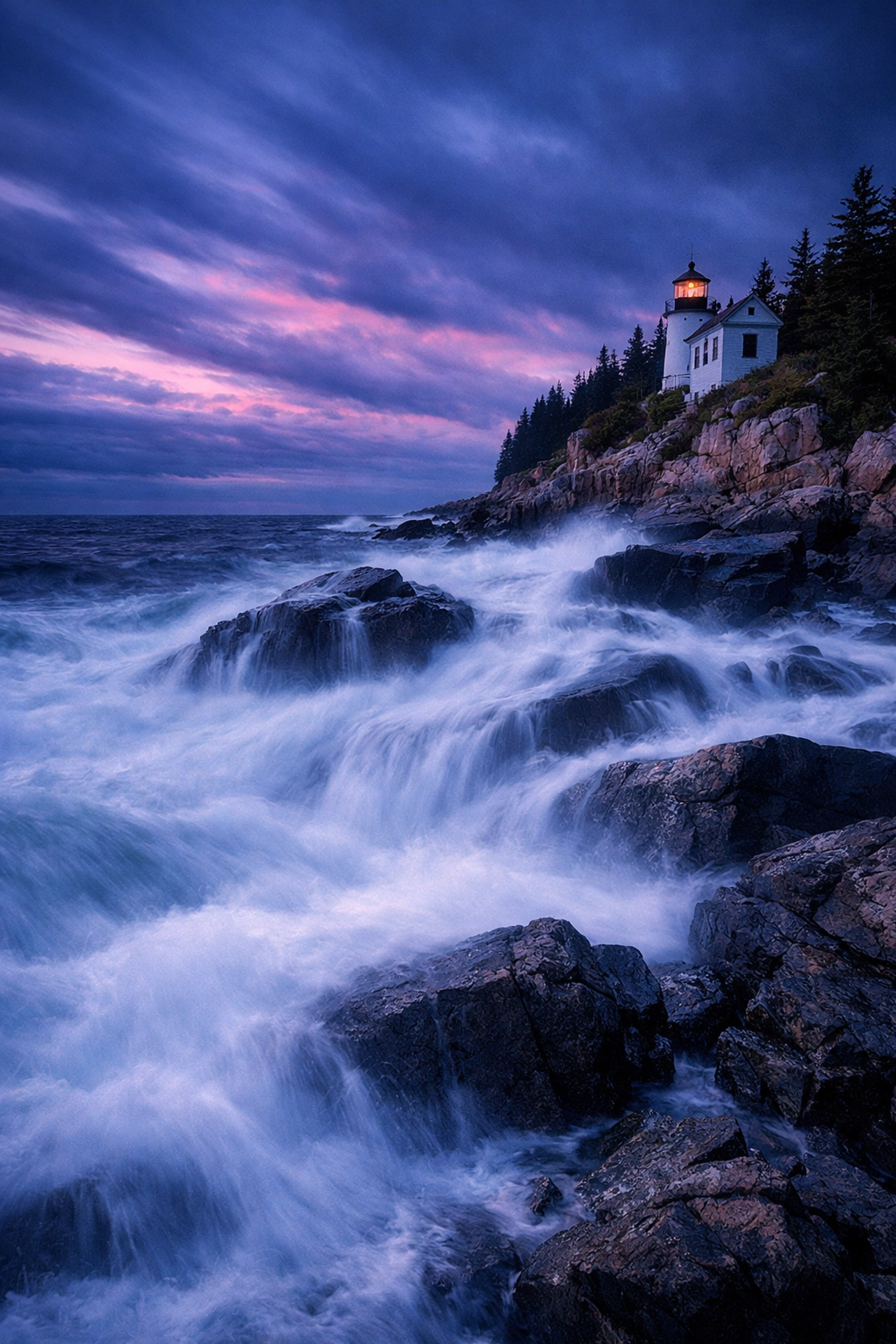 Acadia National Park coastal sunset with a lighthouse and waves, a premier photography spot.