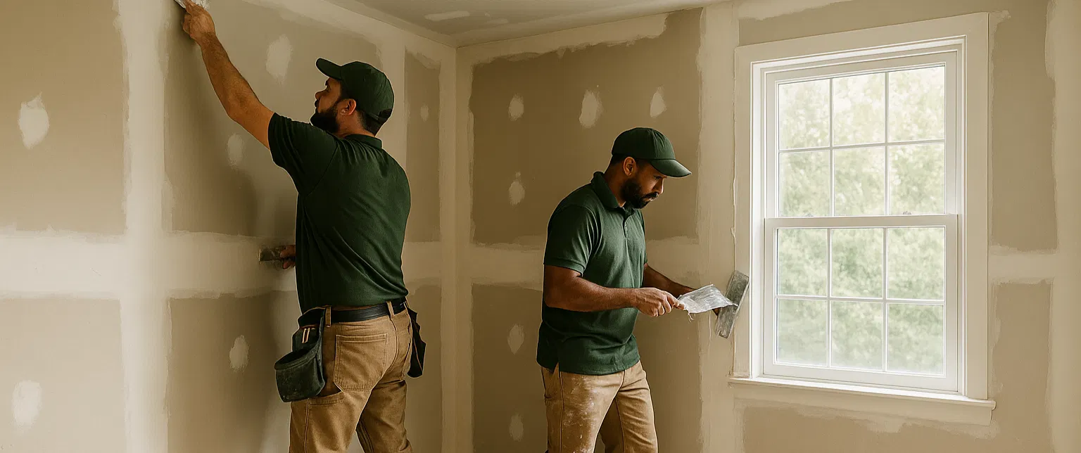 Two Rapid Refurb team members expertly apply joint compound to new drywall panels