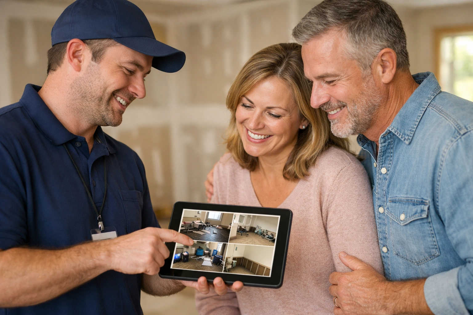 Chester County fire damage restoration professional consulting with homeowners on repair progress