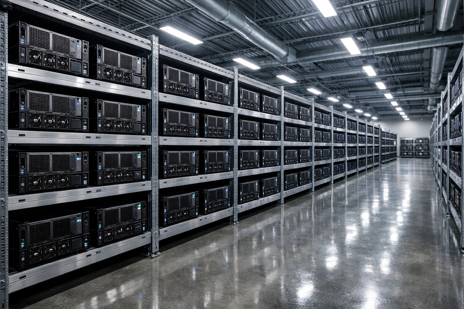 Rows of used enterprise GPU servers in a data center staging area for asset recovery and liquidation.