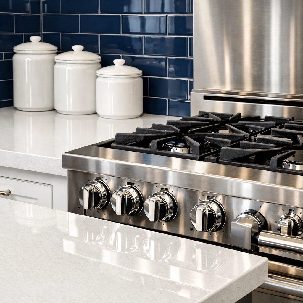 Spotless chef's kitchen with sparkling quartz countertops after a deep Westwood luxury cleaning session.