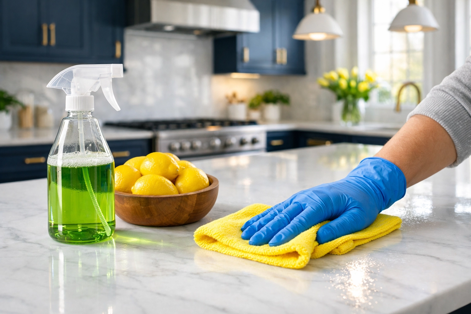 Professional cleaners in Waltham MA using eco-friendly products to clean a modern marble kitchen countertop.