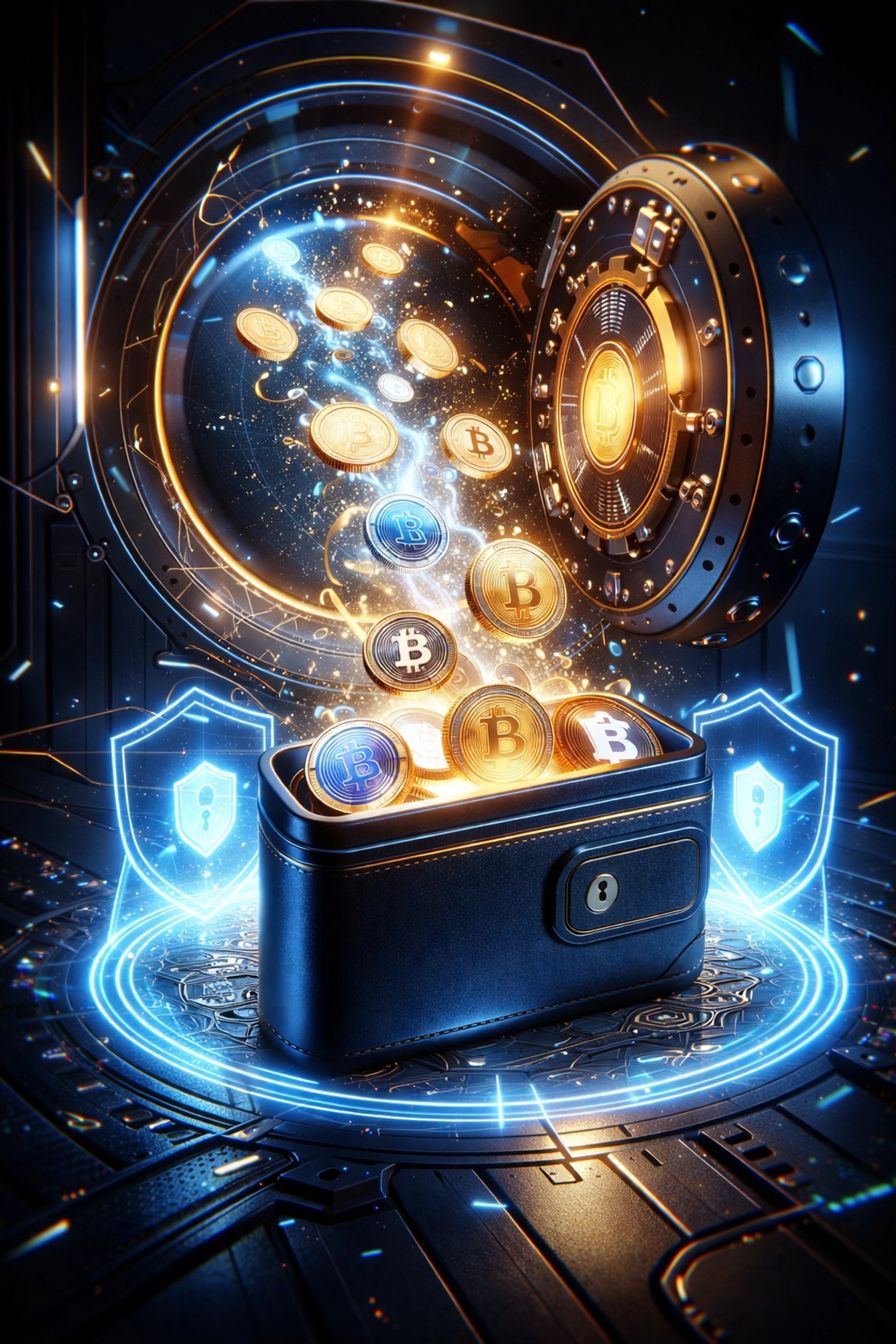 A digital vault opening to send cryptocurrency coins into a wallet, highlighting self-custody and secure crypto payments with Larecoin.
