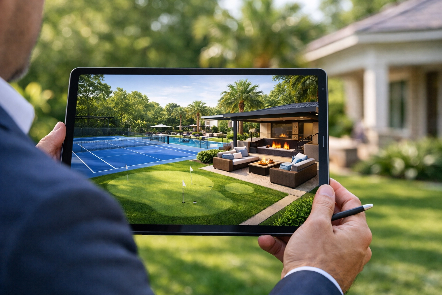 Custom tennis court and backyard resort design visualization for a Houston residential property.