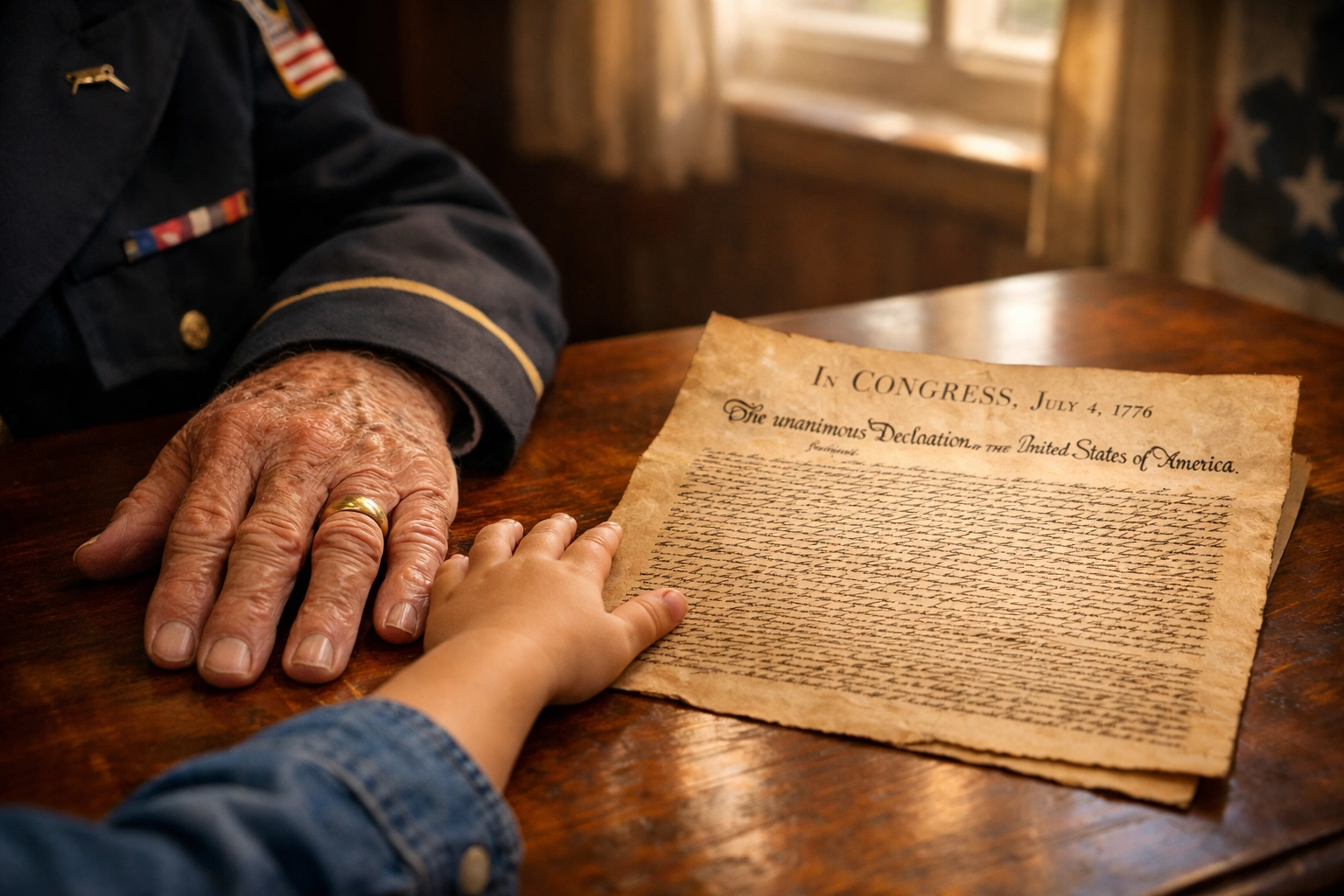 Veteran and child hands beside a Declaration of Independence replica showing the generational legacy of the Pledge.