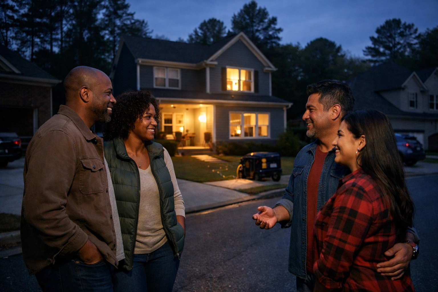 African American couple and Mexican couple outside at dusk during a neighborhood blackout, talking calmly near a home glowing with generator power.