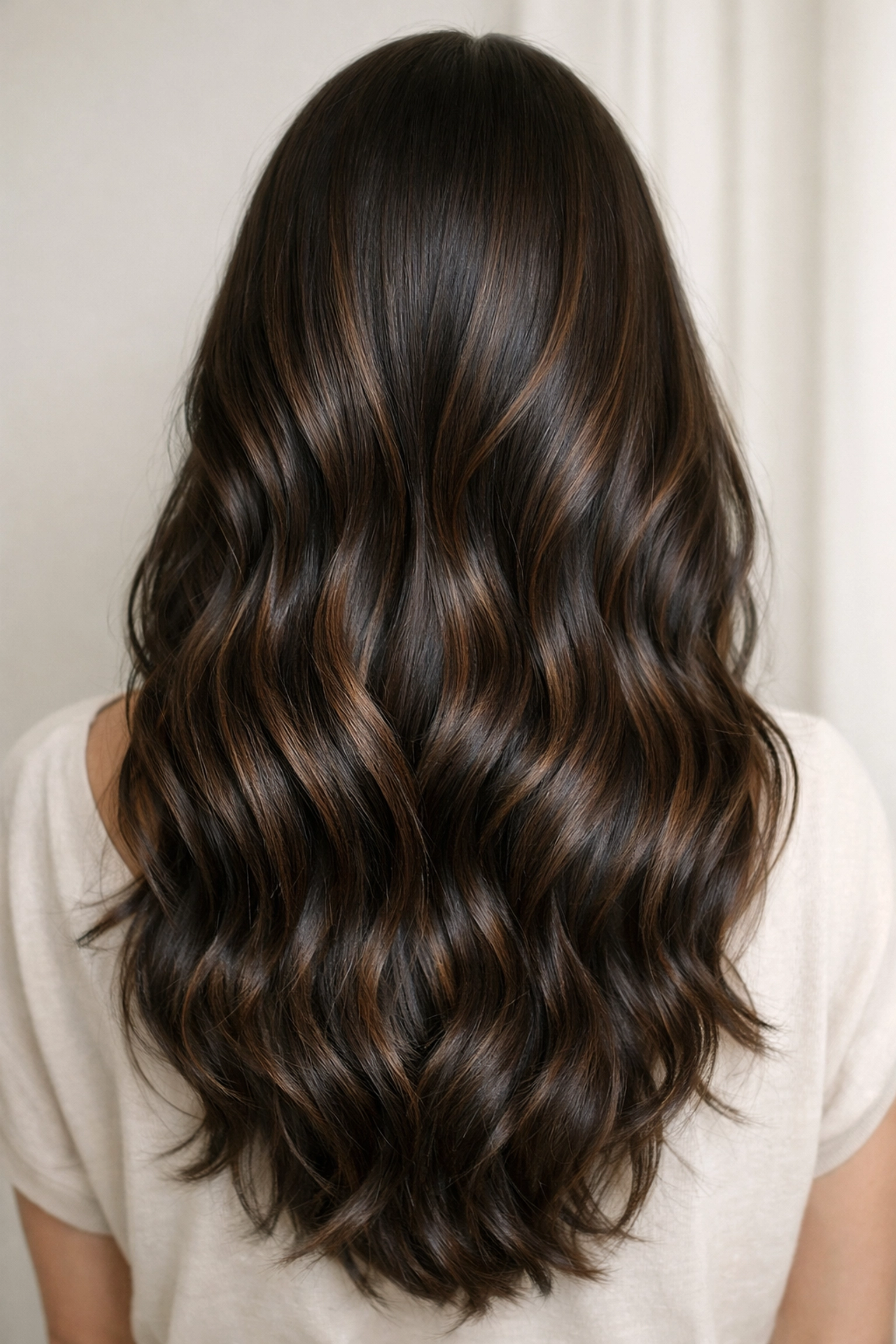 Glossy expensive brunette hair with multidimensional espresso and caramel tones for a healthy shine.