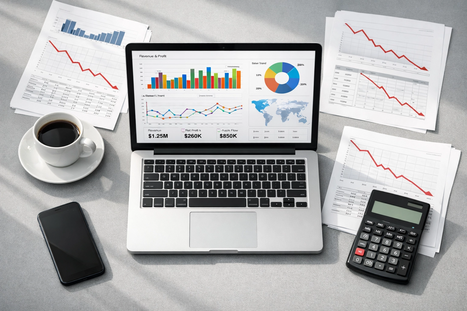 Traditional finance desk with monthly reports and declining charts showing outdated financial reporting
