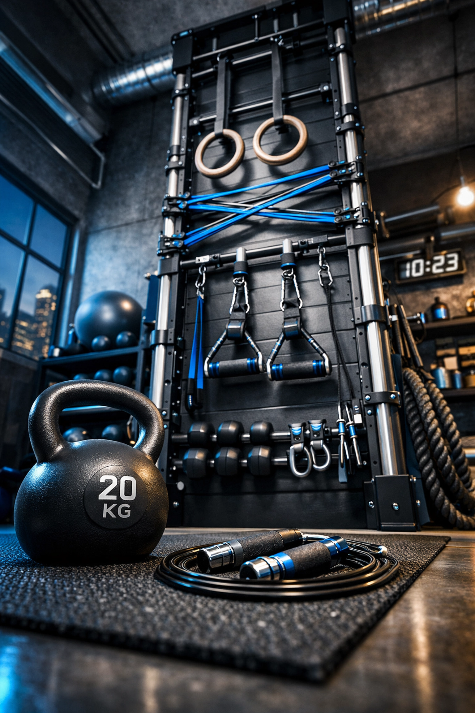 Versatile CrossFit home gym setup with a floor to ceiling rail, resistance bands, and workout equipment.