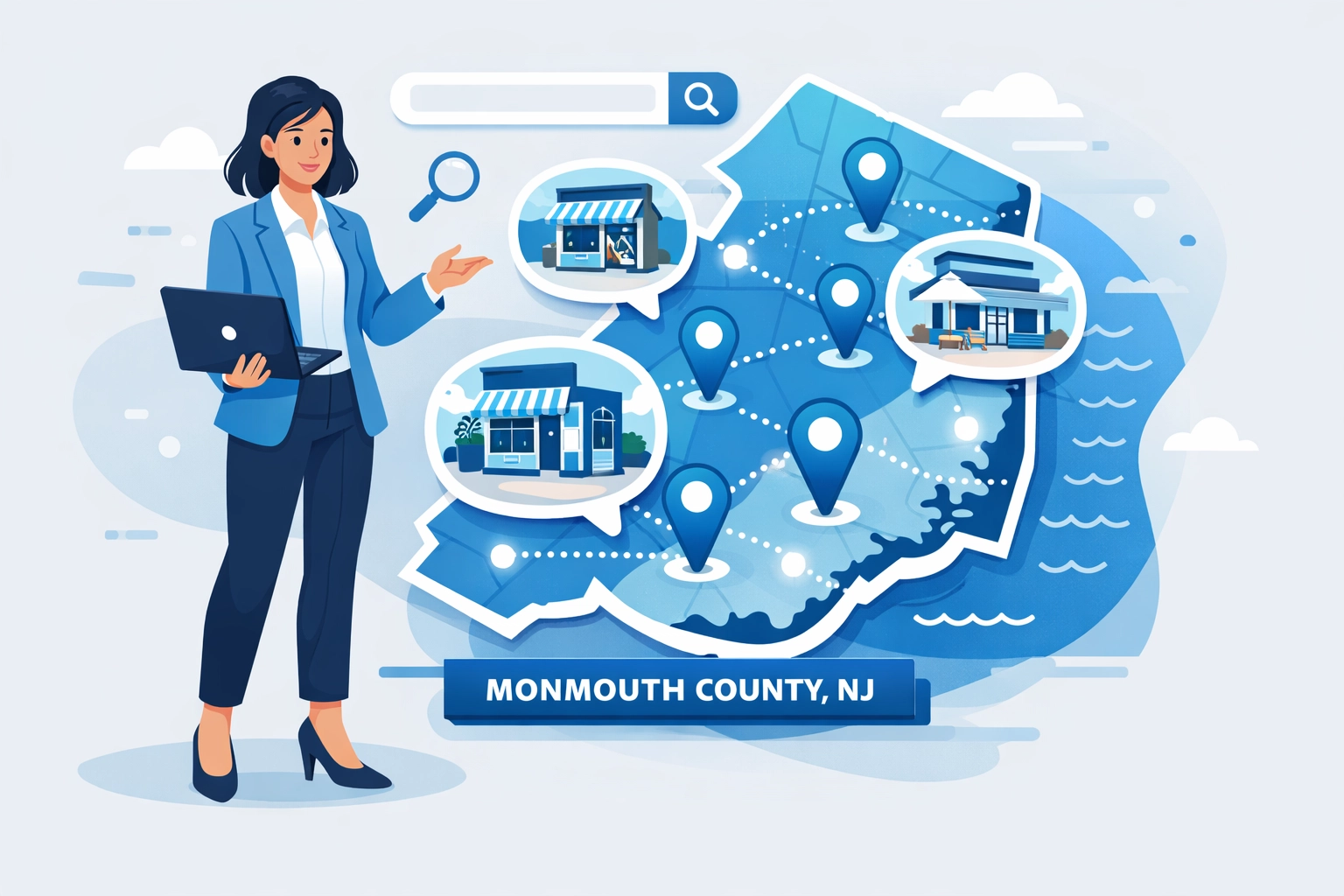 Illustration of a Monmouth County map with local SEO pins and geotagged media for business visibility.