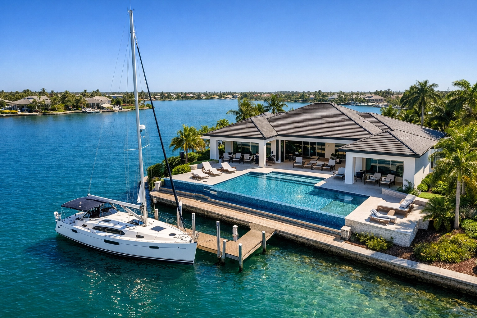 Luxury waterfront home in Cape Coral's Eight Lakes with a sailboat docked for direct Gulf access.