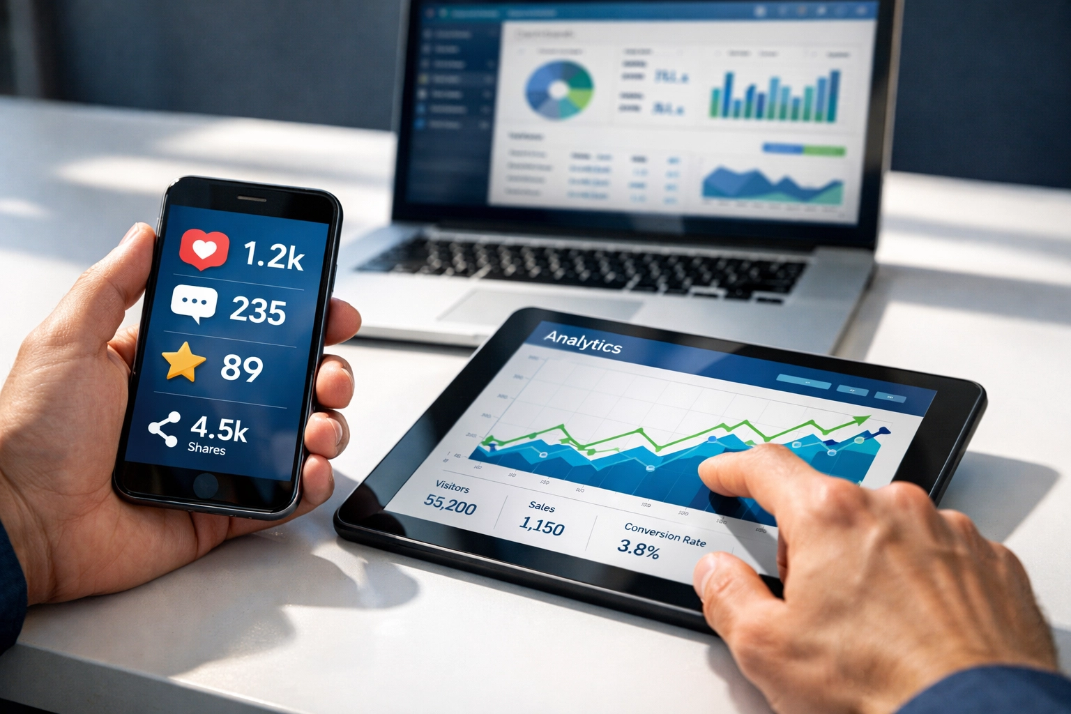 Hands tracking marketing performance metrics and analytics across multiple digital devices