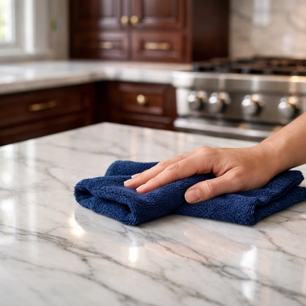 Cleaning a luxury marble countertop in a Lexington estate using eco-friendly microfiber technology.