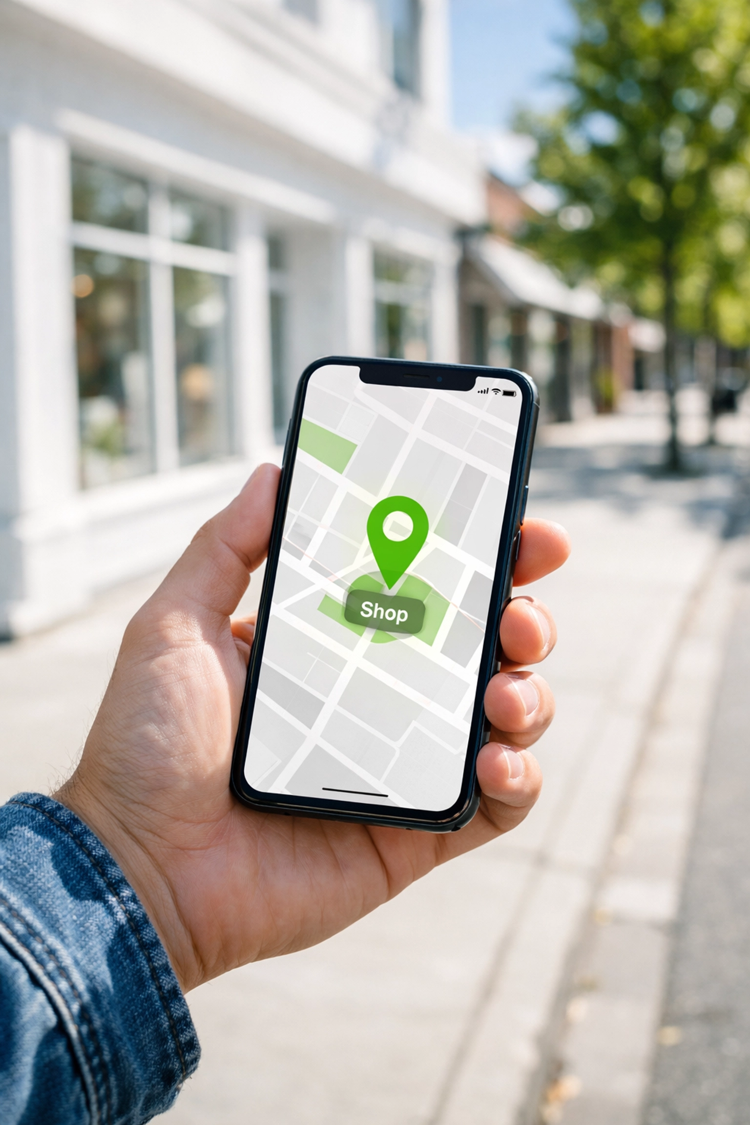 Smartphone showing a shop location on a map for local search engine discovery and SEO.