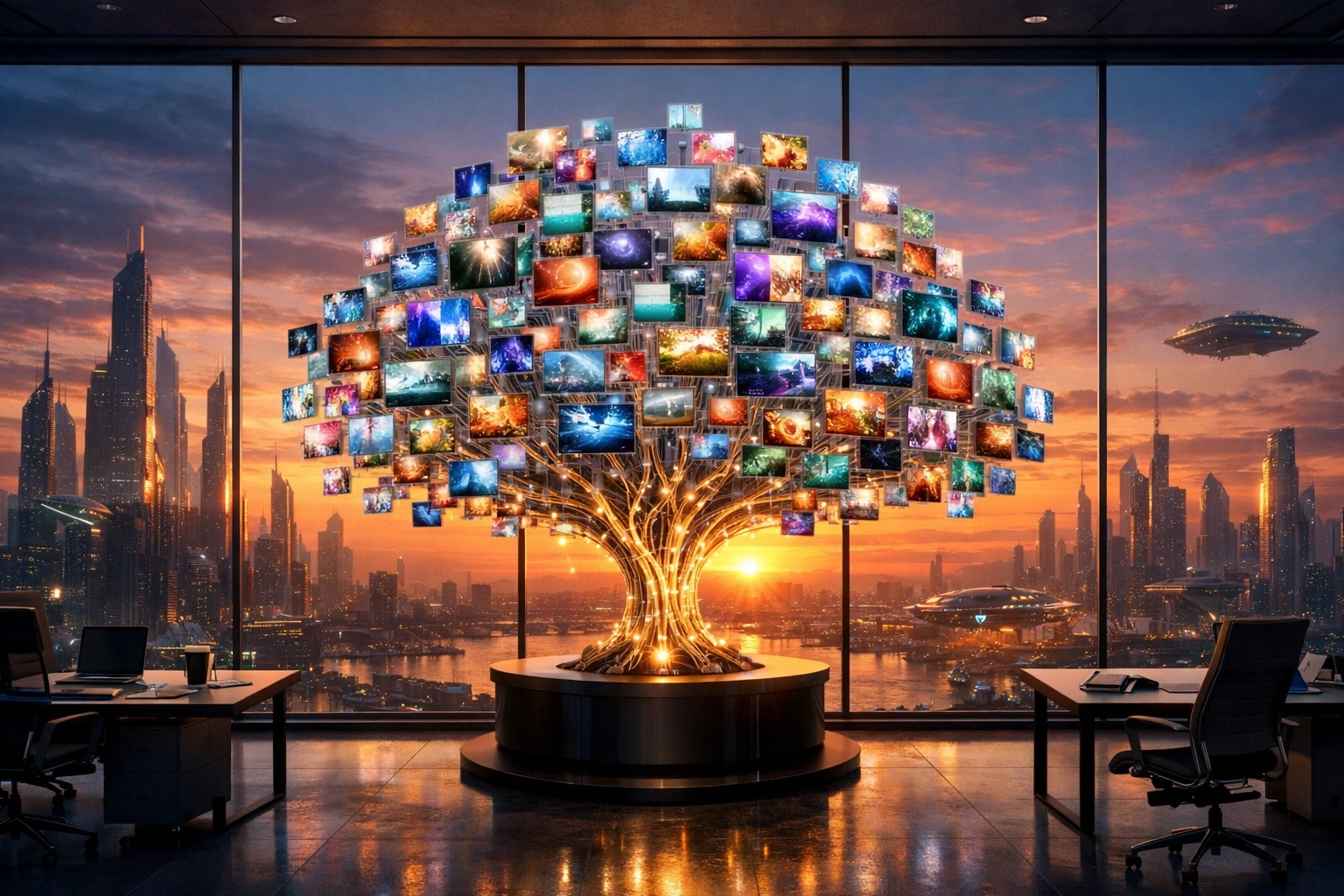 A futuristic digital tree with screen leaves symbolizing a growing content ecosystem and social media reach.
