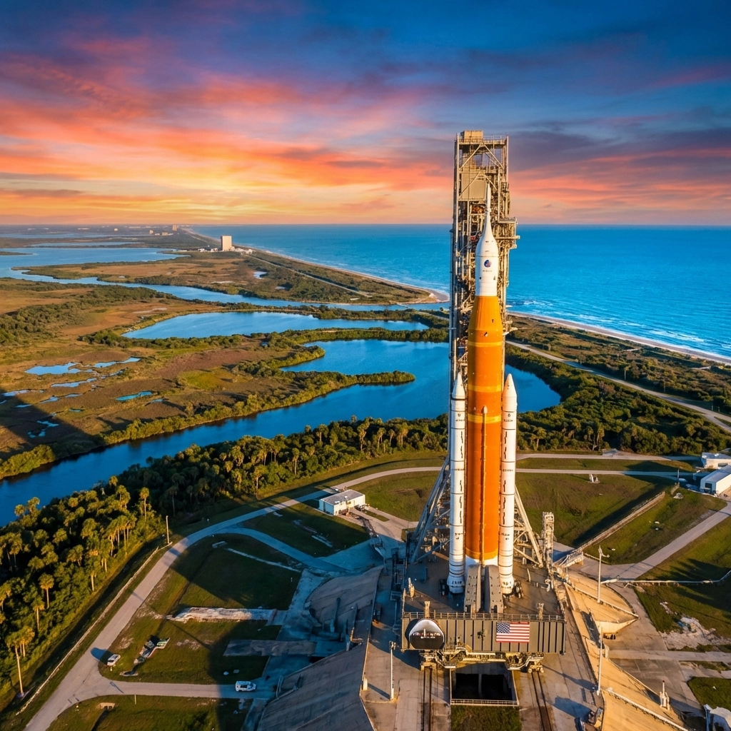 Aerial view of Kennedy Space Center Launch Pad 39B before Artemis II rocket launch on Space Coast
