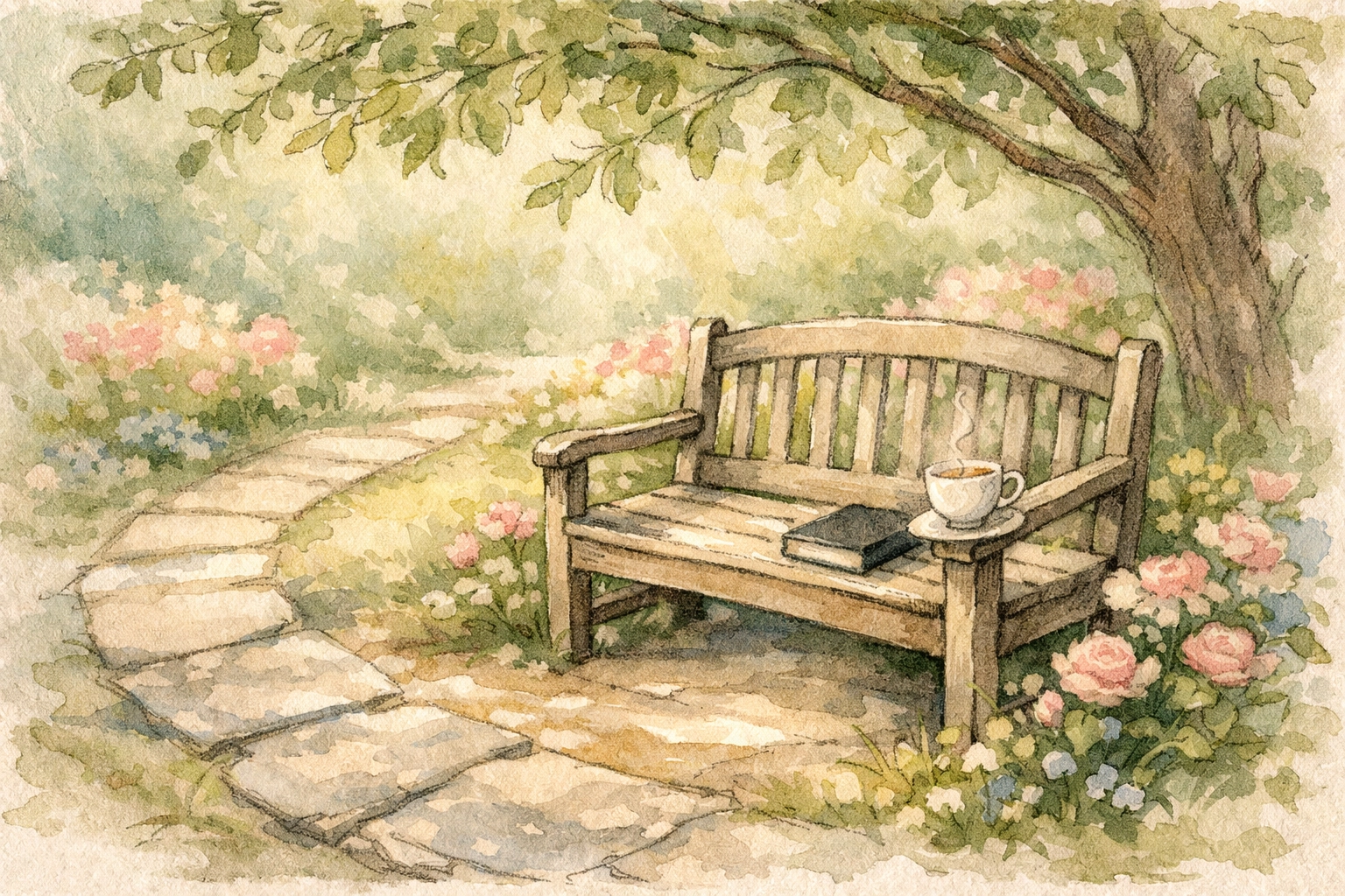 Quiet garden bench in sunlight with Bible, inviting a midday pause and prayer for Christian parents